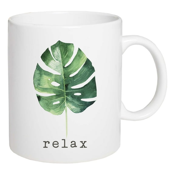 Relax Green Palm Frond Leaf 15 ounce Glossy Porcelain Ceramic Coffee Mug
