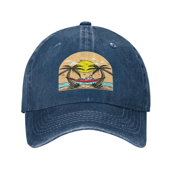 Relax On Hammock On The Beach Baseball Cap Golf Dad Hat Adjustable Washed Denim Trucker Hats Unconstructed Snapback Cap for Men Women Unisex Adult,Navy