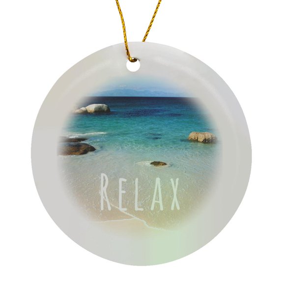 Relax - Positive Affirmations - Inspiring Motivational Word - Beach Photography - Calm Ocean Sea, Circle Porcelain Ornament