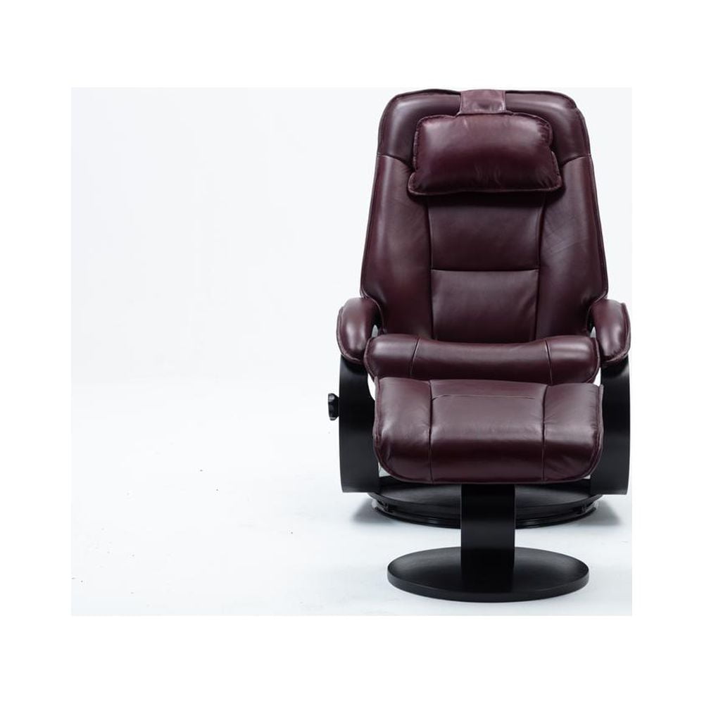 Transitional Merlot Top Grain Leather Swivel Recliner with Ottoman