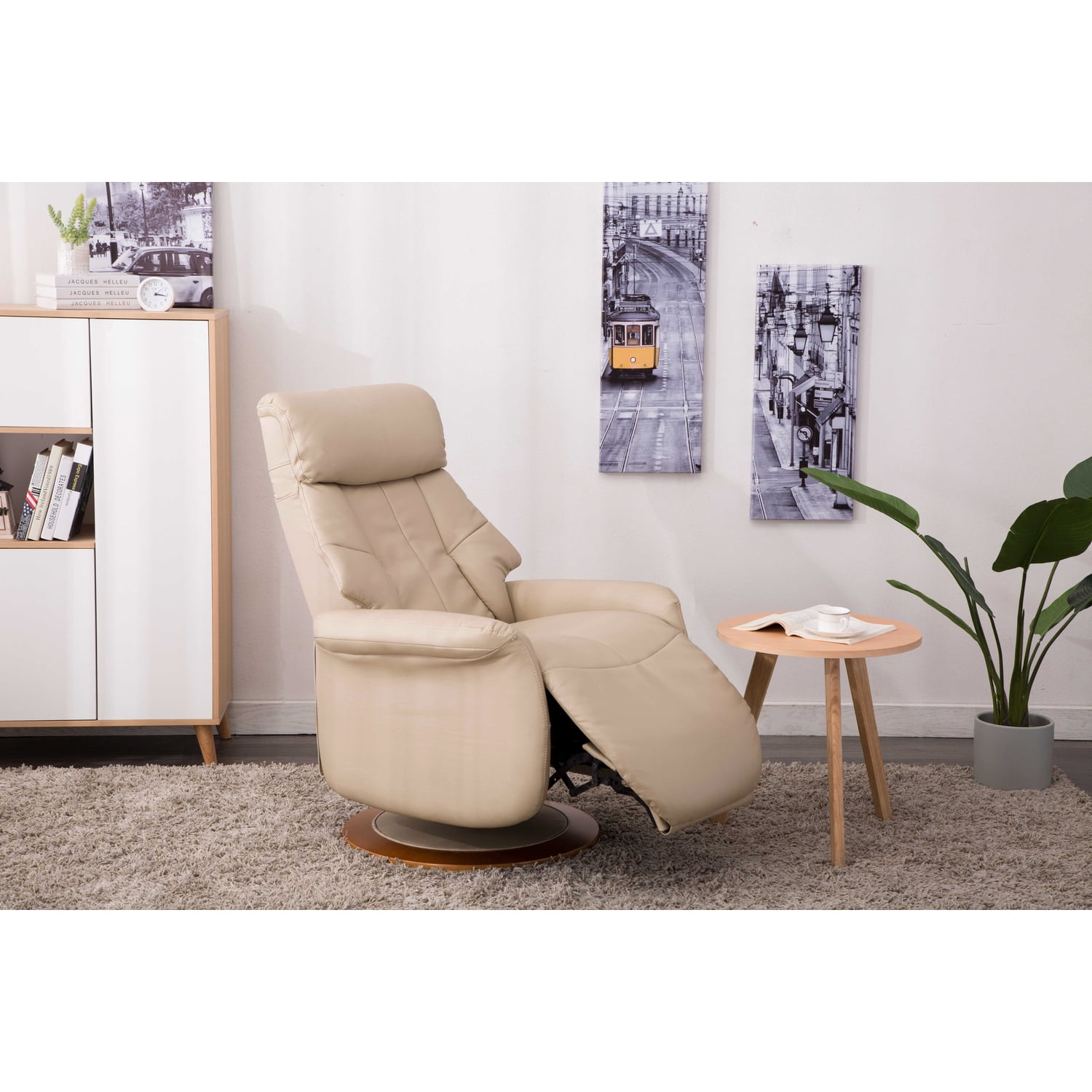 Cobblestone Swivel Recliner in Air Leather with Wood Accents