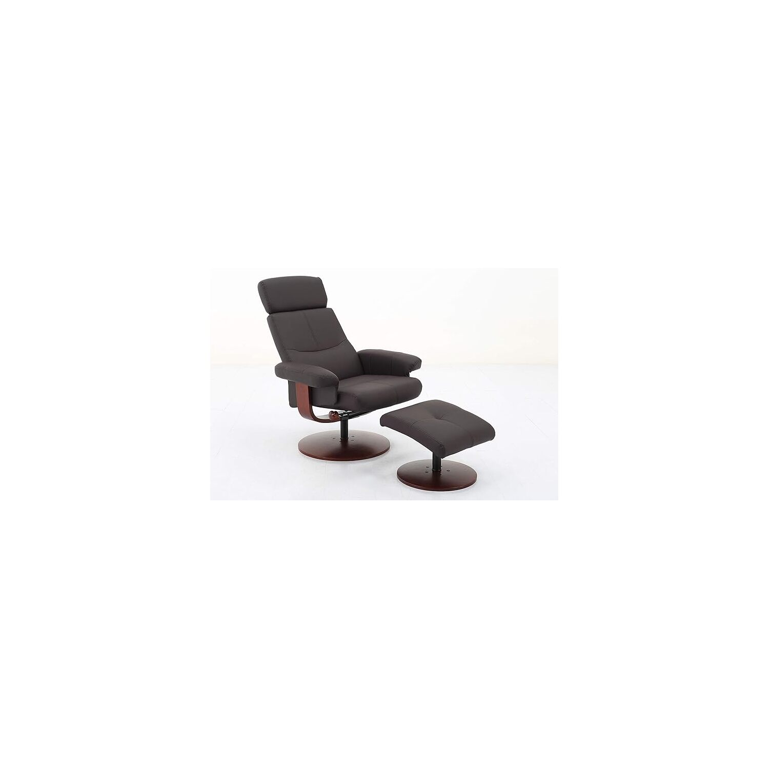Brown Polyurethane Swivel Recliner with Ottoman and Wood Base