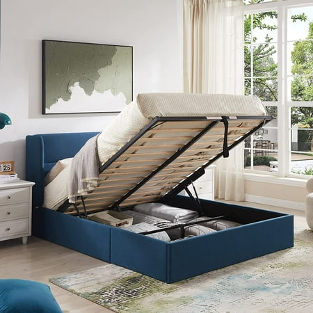 Relax & Rejuvenate Full Size Lift up Storage Bed, Upholstered Platform Bed Frame with Modern Linen Fabric Wingback Headboard, Wood Slats Support, Noiseless, Easy Assembly, No Box Spring Needed, Blue