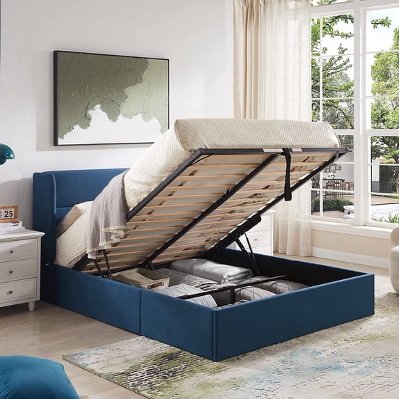 Relax & Rejuvenate Full Size Lift up Storage Bed, Upholstered Platform Bed Frame with Modern Linen Fabric Wingback Headboard, Wood Slats Support, Noiseless, Easy Assembly, No Box Spring Needed, Blue