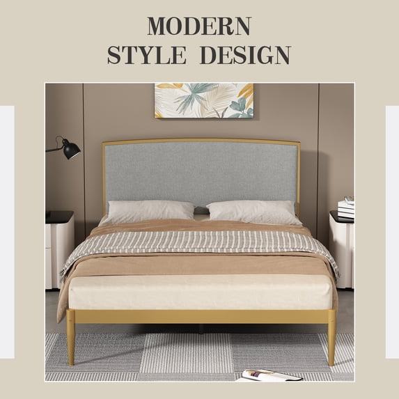 Relax & Rejuvenate Platform Metal Bed Frame, Simple Design, Linen-Covered Curved headboard, Metal Frame and Foot, Easy to Assemble and noiseless (Light Gray, Queen (U.S. Standard))