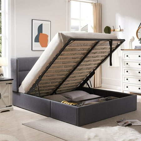 Relax & Rejuvenate Queen Size Lift up Storage Bed, Upholstered Platform Bed Frame with Modern Linen Fabric Wingback Headboard, Wood Slats Support, Easy Assembly, No Box Spring Needed, Light Grey