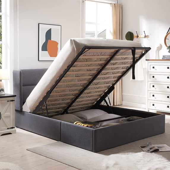 Relax & Rejuvenate Queen Size Lift up Storage Bed, Upholstered Platform Bed Frame with Modern Linen Fabric Wingback Headboard, Wood Slats Support, Easy Assembly, No Box Spring Needed, Light Grey