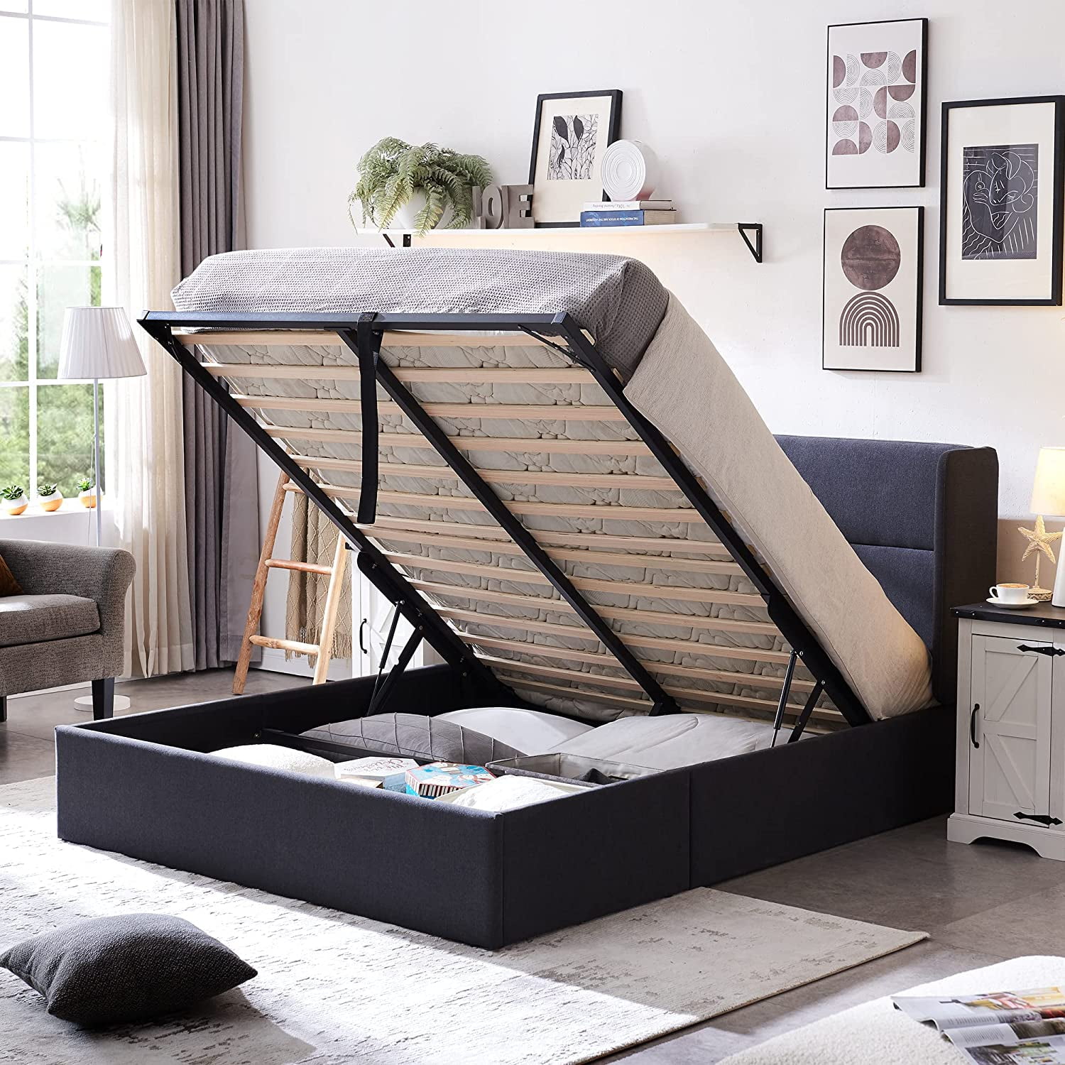 Relax & Rejuvenate Queen Size Lift up Storage Bed, Upholstered Platform Bed Frame with Modern Linen Fabric Wingback Headboard, Wood Slats Support, Noiseless, No Box Spring Needed, Dark Grey