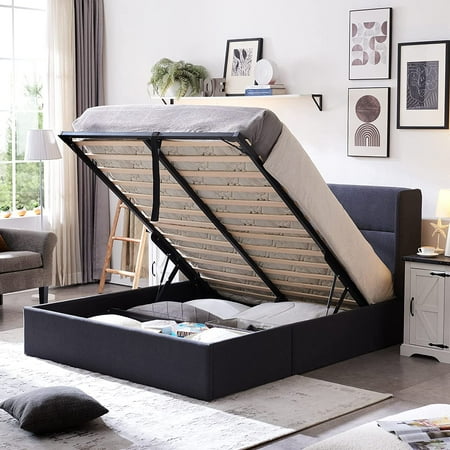 Relax & Rejuvenate Queen Size Lift up Storage Bed, Upholstered Platform Bed Frame with Modern Linen Fabric Wingback Headboard, Wood Slats Support, Noiseless, No Box Spring Needed, Dark Grey