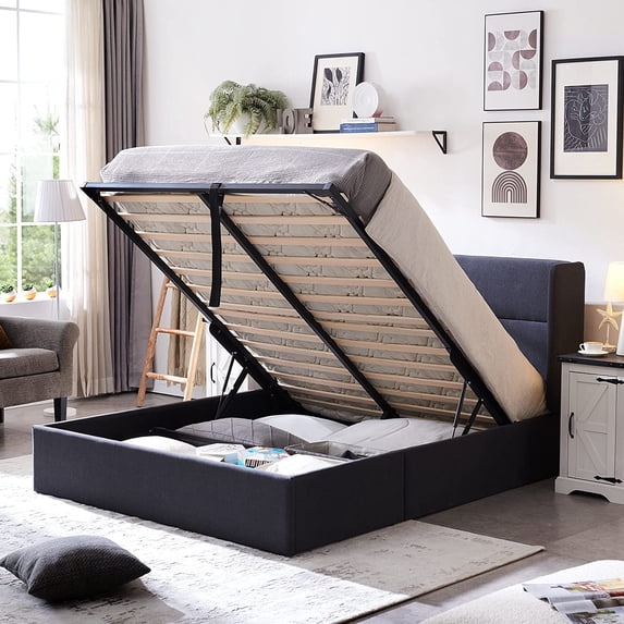 Relax & Rejuvenate Queen Size Lift up Storage Bed, Upholstered Platform Bed Frame with Modern Linen Fabric Wingback Headboard, Wood Slats Support, Noiseless, No Box Spring Needed, Dark Grey