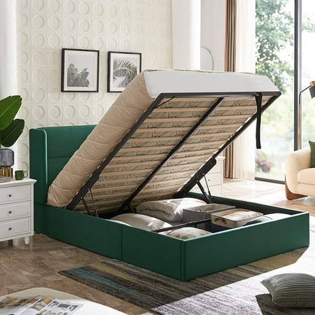 Relax & Rejuvenate Queen Size Lift up Storage Bed, Upholstered Platform Bed Frame with Modern Linen Fabric Wingback Headboard, Wood Slats Support, Noiseless, Easy Assembly, No Box Spring Needed, Blue
