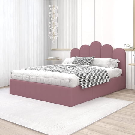Relax & Rejuvenate Upholstered Platform Bed Frame Queen Size Gas Lift Up Storage Bed with Headboard, Storage Underneath, Steel Slat Support with Hydraulic Storage System Pink