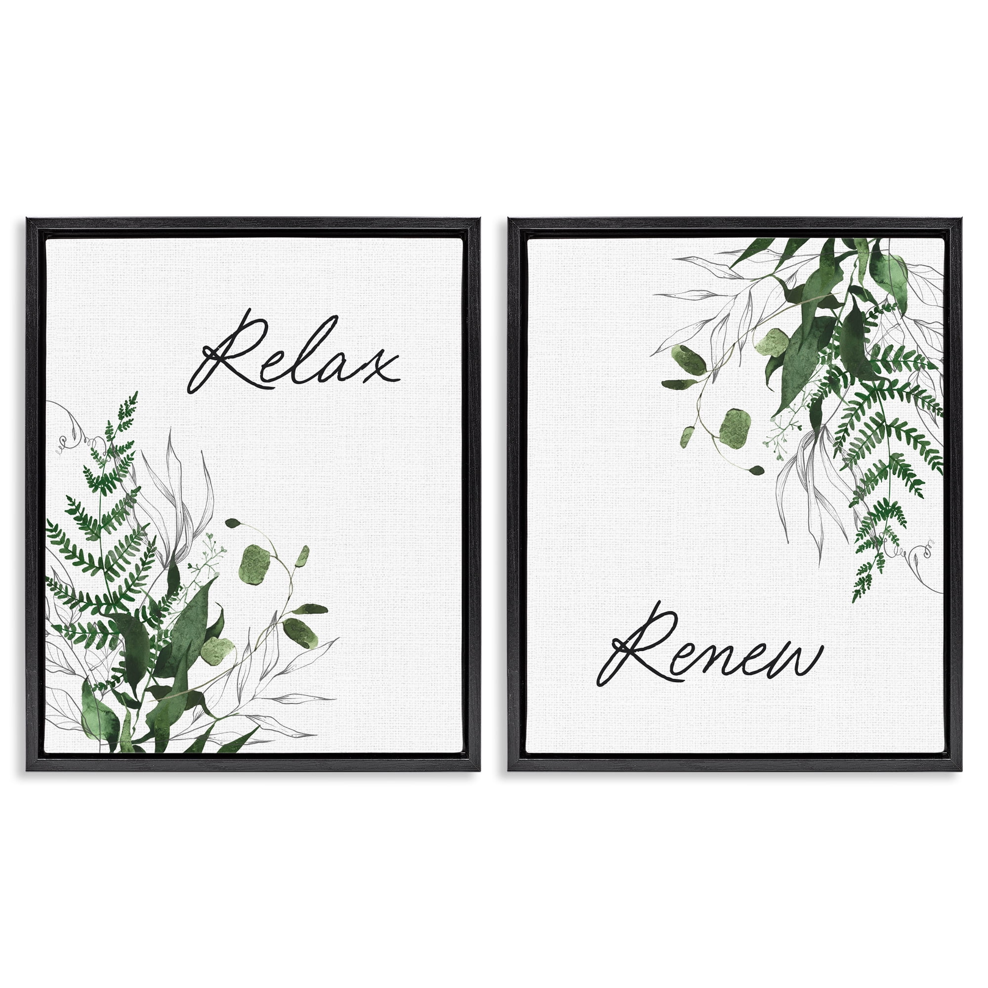Relax Renew Botanical Leaves 2 Piece Black Framed Floater Canvas Set, design by Lettered and Lined