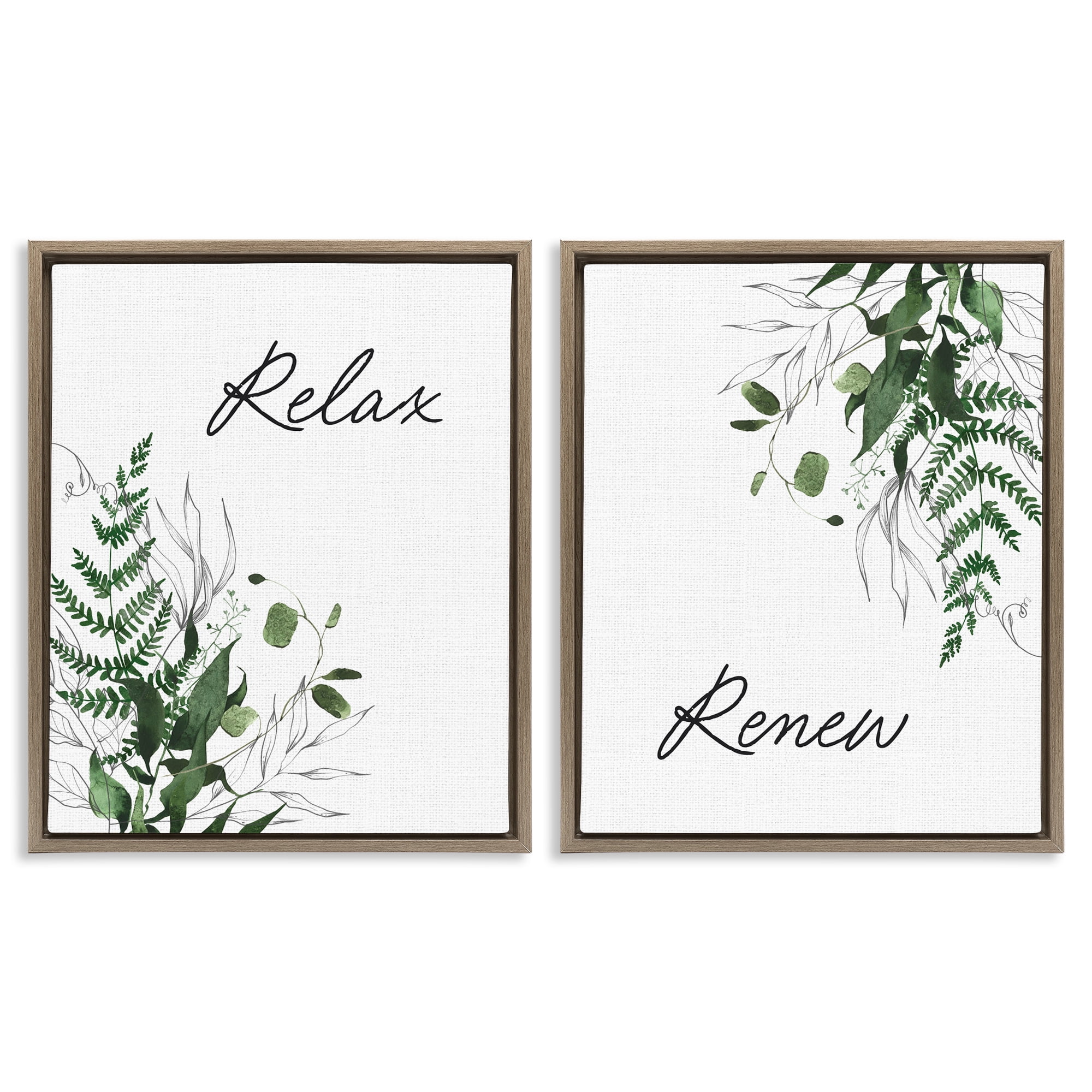 Relax Renew Botanical Leaves 2 Piece Brown Framed Floater Canvas Set, design by Lettered and Lined