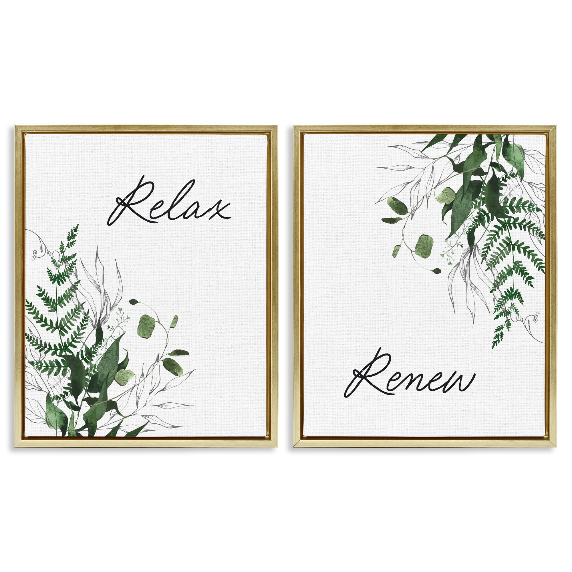 Relax Renew Botanical Leaves 2 Piece Gold Framed Floater Canvas Set, design by Lettered and Lined