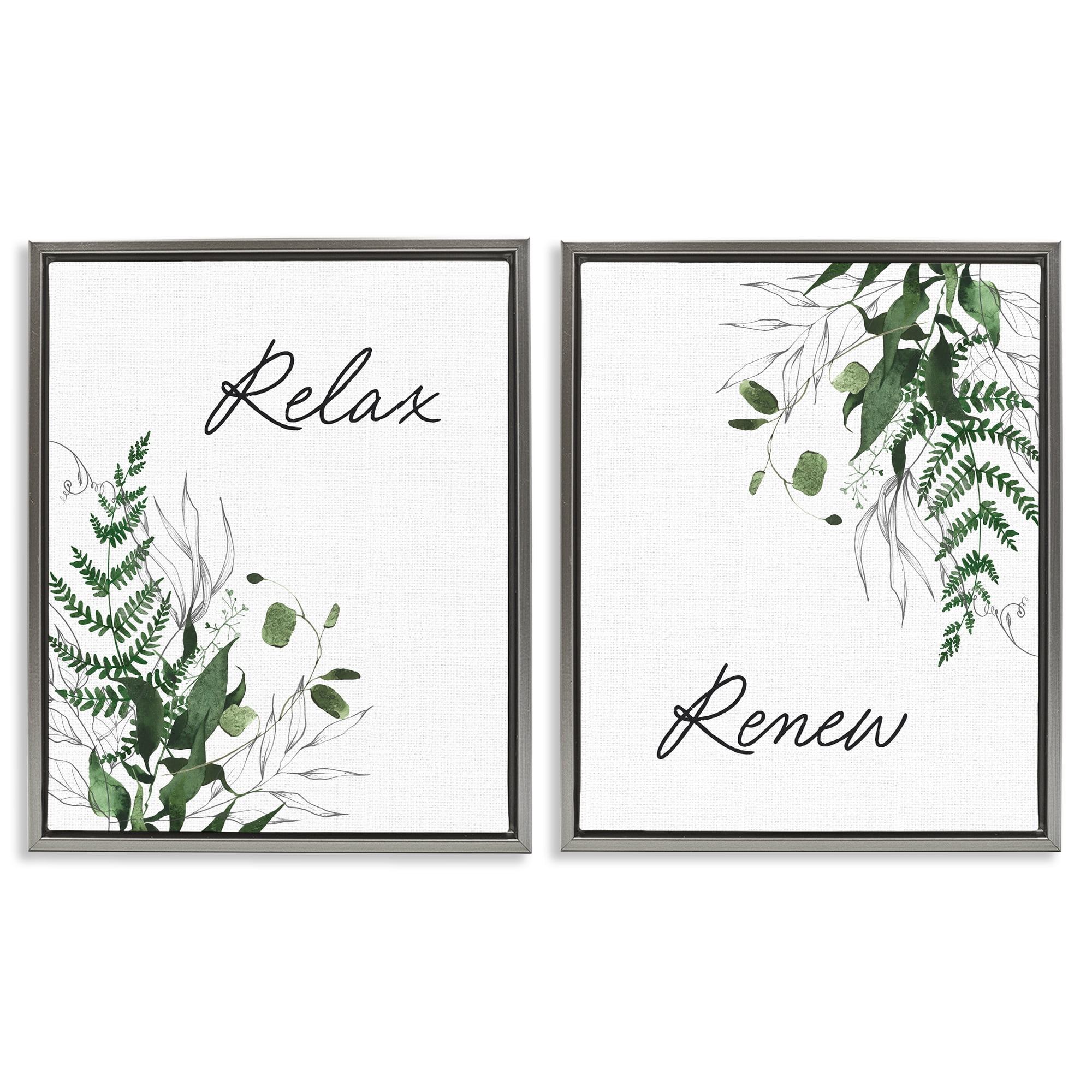 Relax Renew Botanical Leaves 2 Piece Gray Framed Floater Canvas Set, design by Lettered and Lined