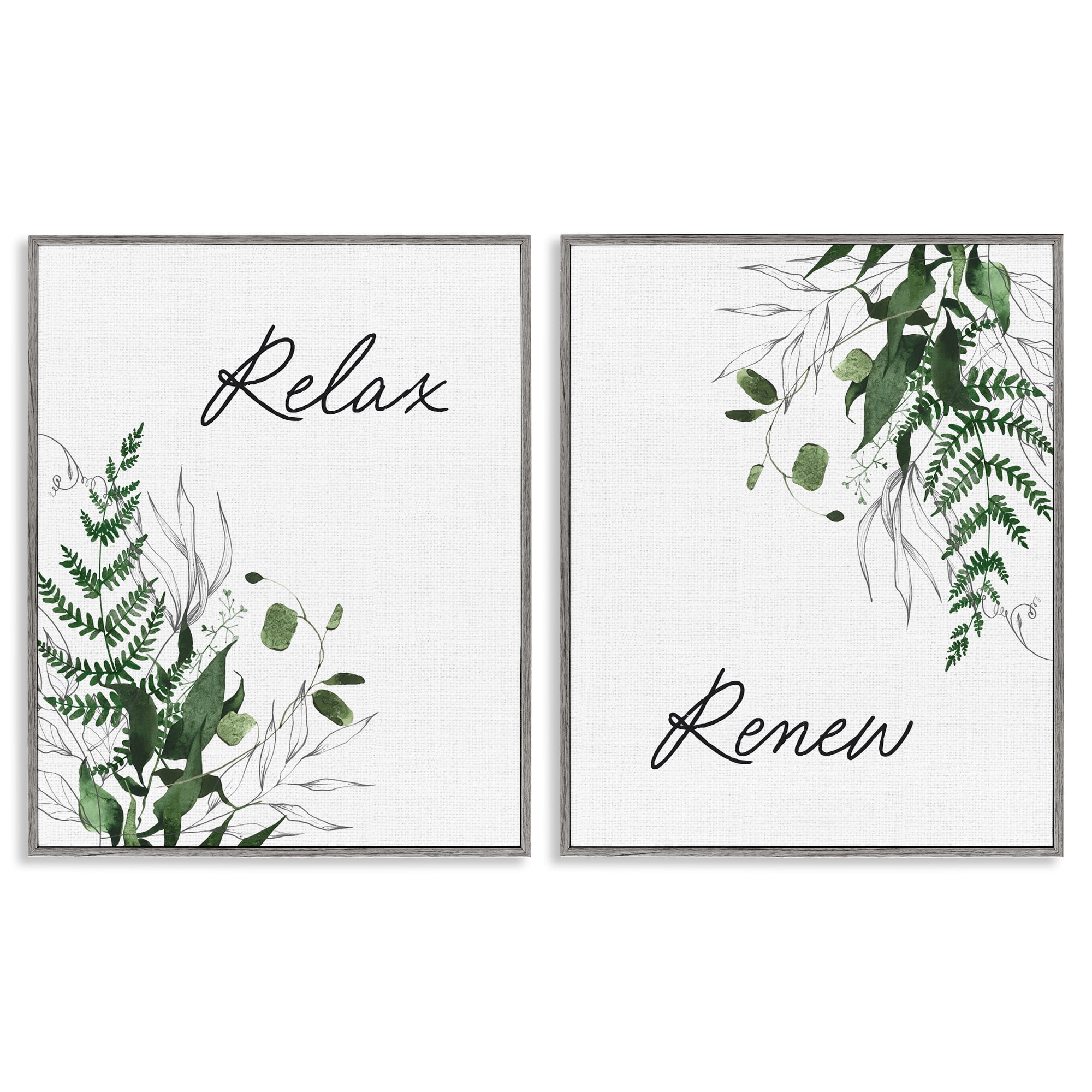 Relax Renew Botanical Leaves 2 Piece Gray Framed Giclee Art Set, design by Lettered and Lined