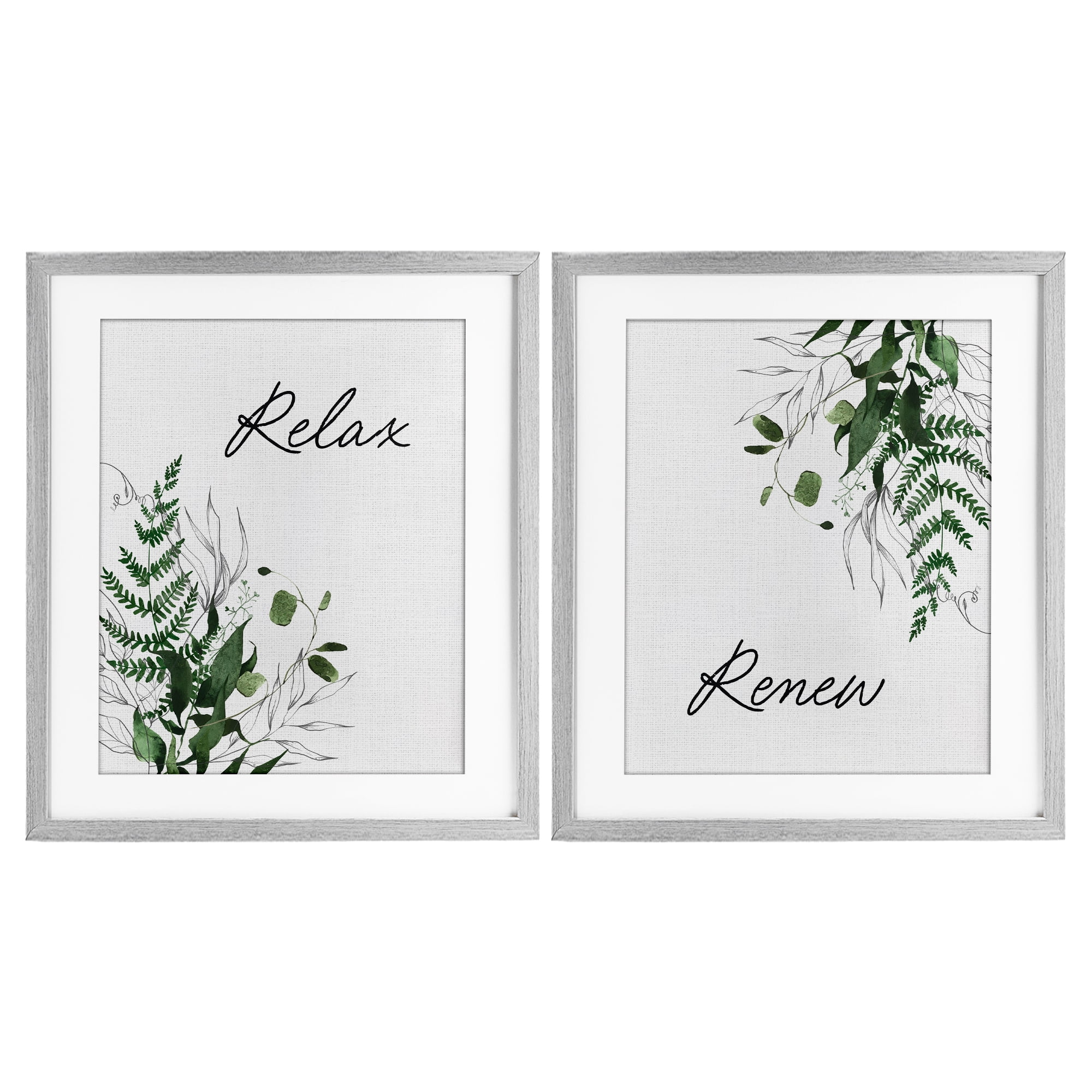Relax Renew Botanical Leaves 2 Piece Gray Framed Print Under Glass Set, design by Lettered and Lined