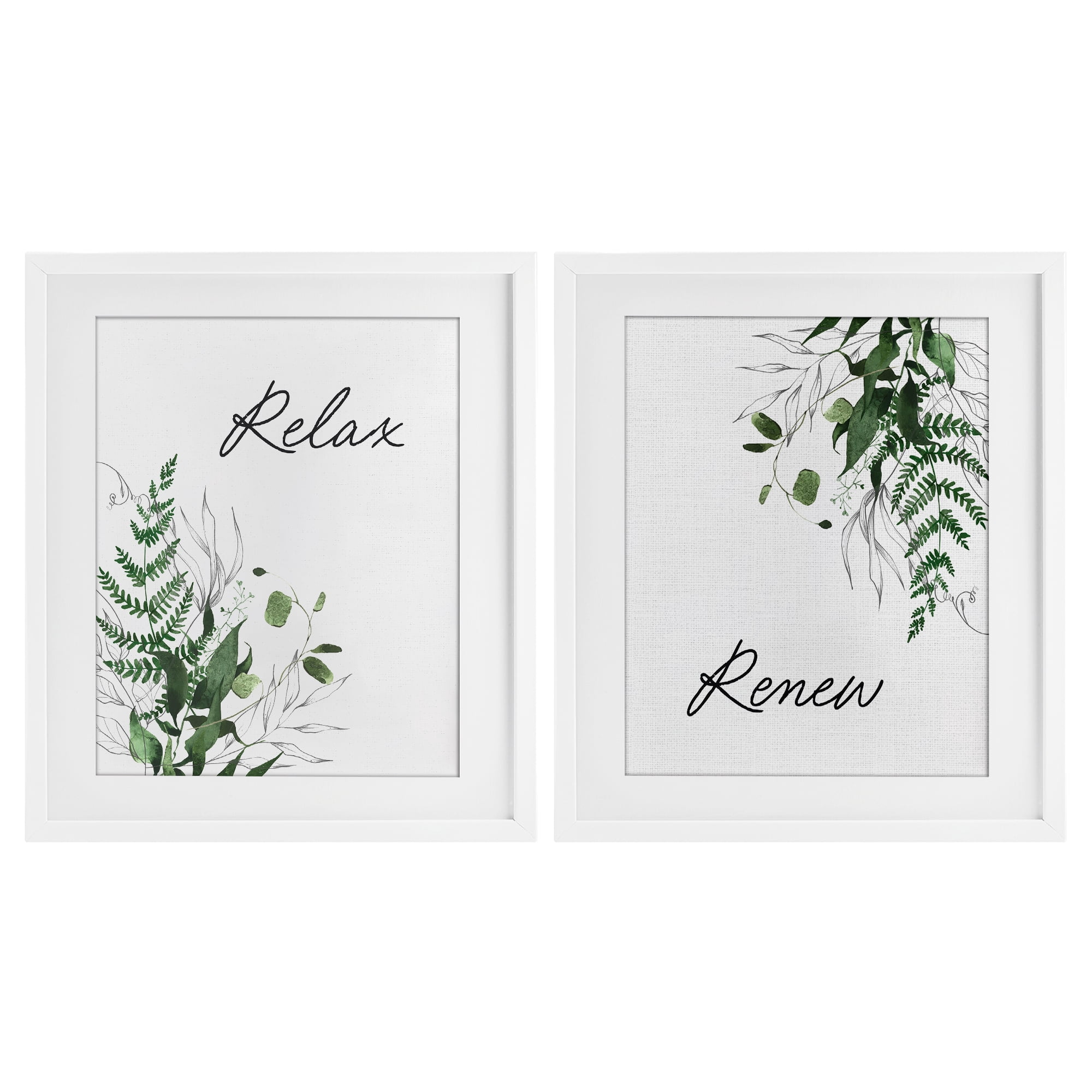 Relax Renew Botanical Leaves 2 Piece White Framed Print Under Glass Set, design by Lettered and Lined