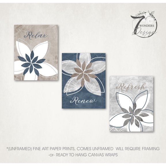 Relax Renew Refresh Distressed Flower Bursts Bathroom Art Indigo Blue Light Gray Beige Home Decor,as Wraps, Poster Only