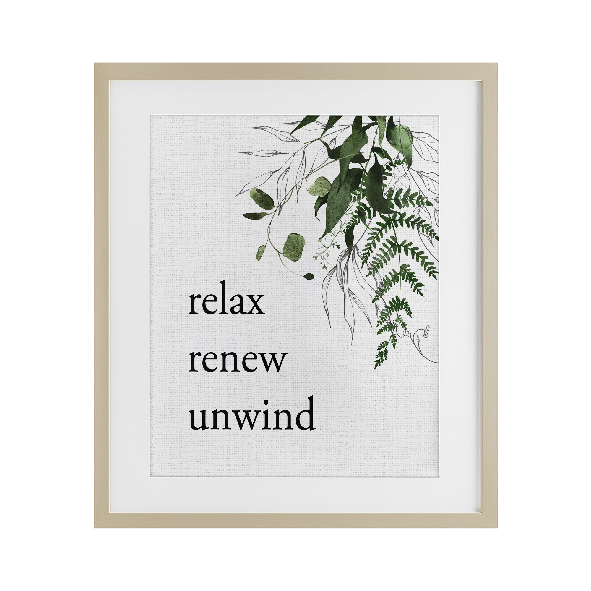 Relax Renew Unwind with Foliage Birch Framed Print Under Glass, design by Lettered and Lined