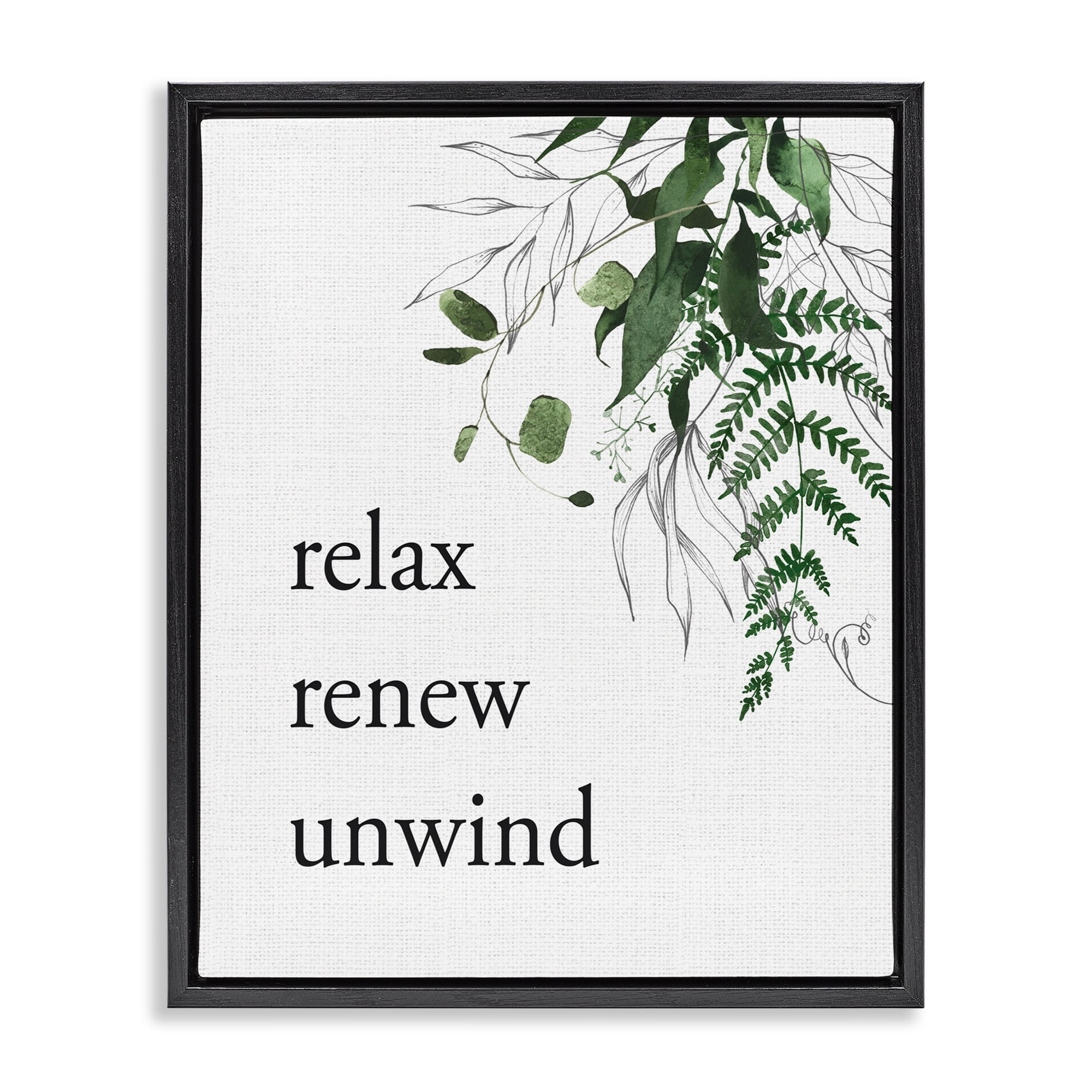 Relax Renew Unwind with Foliage Black Framed Floater Canvas Wall Art, design by Lettered and Lined