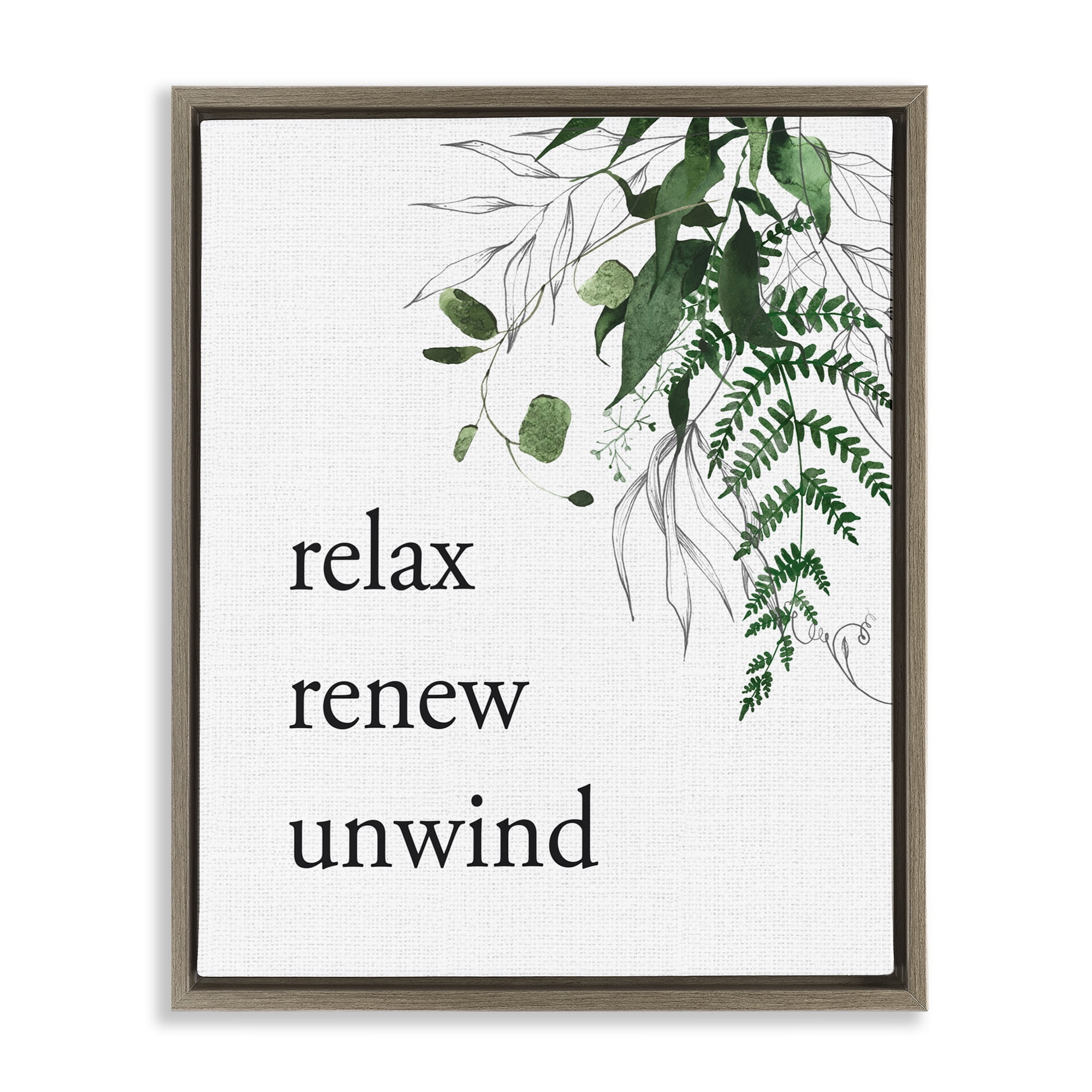 Relax Renew Unwind with Foliage Brown Framed Floater Canvas Wall Art, design by Lettered and Lined