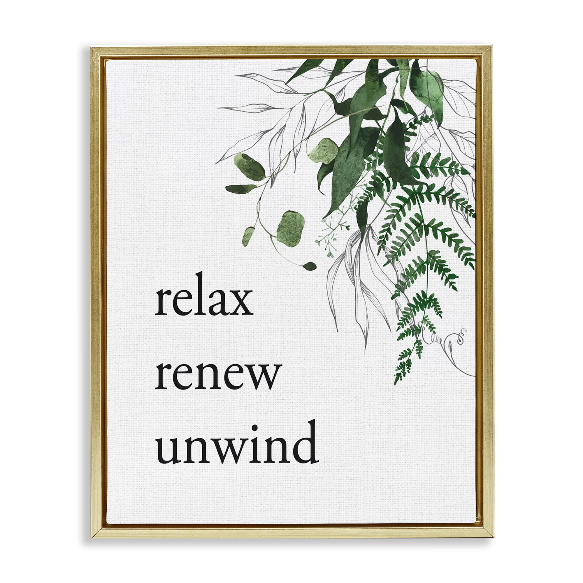 Relax Renew Unwind with Foliage Gold Framed Floater Canvas Wall Art, design by Lettered and Lined