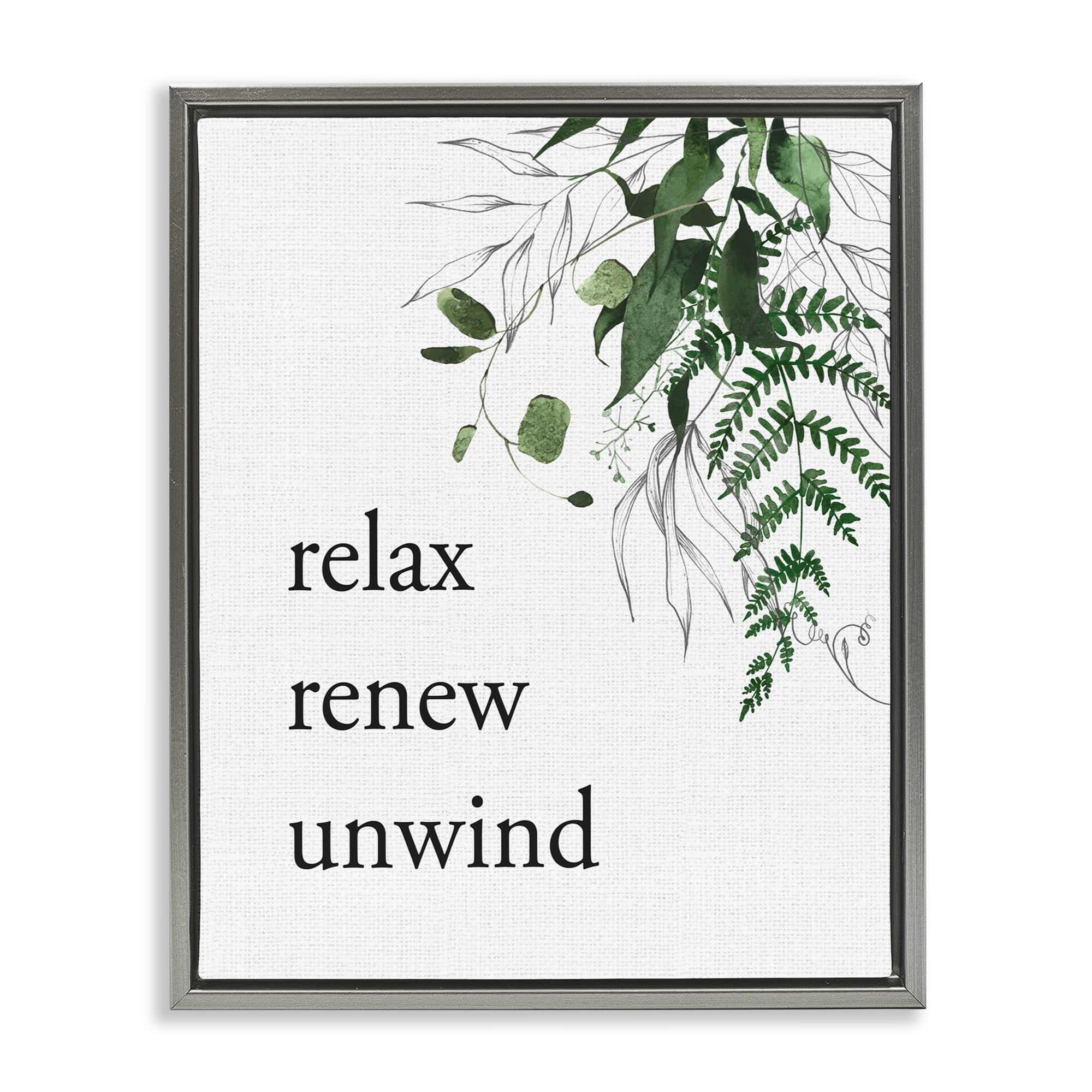 Relax Renew Unwind with Foliage Gray Framed Floater Canvas Wall Art, design by Lettered and Lined