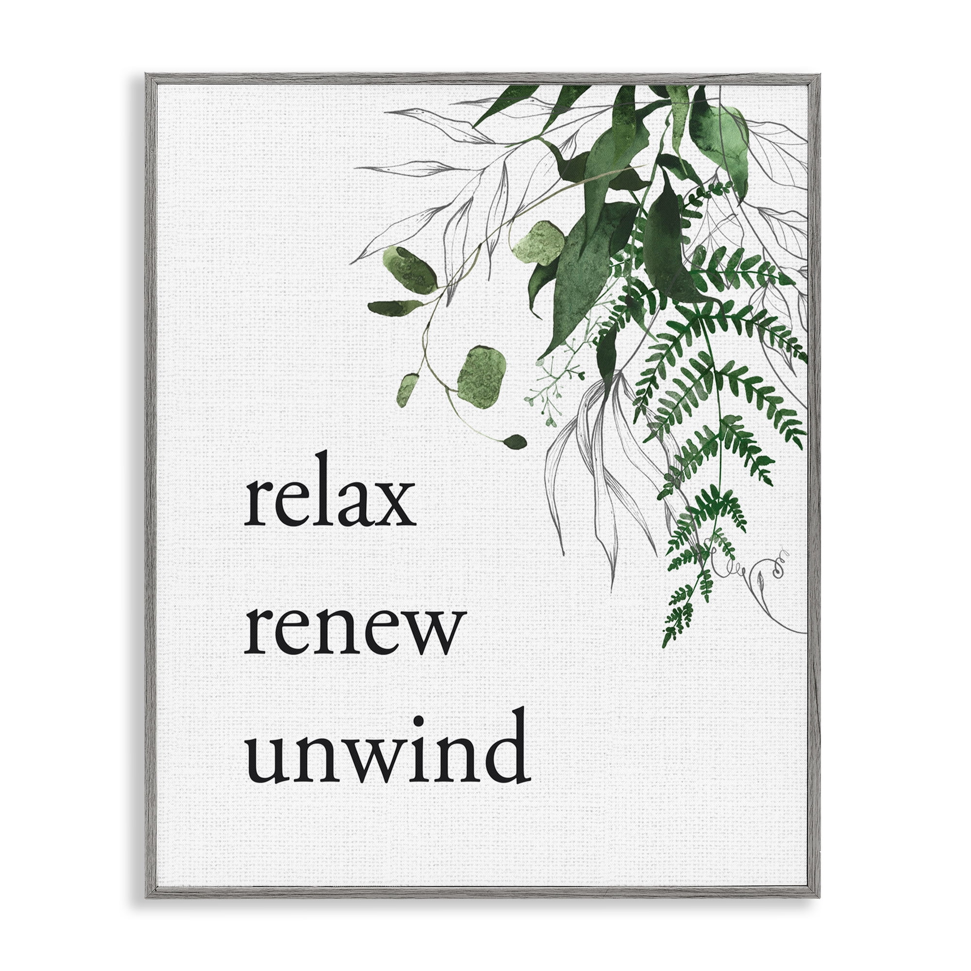 Relax Renew Unwind with Foliage Gray Framed Giclee Art, design by Lettered and Lined