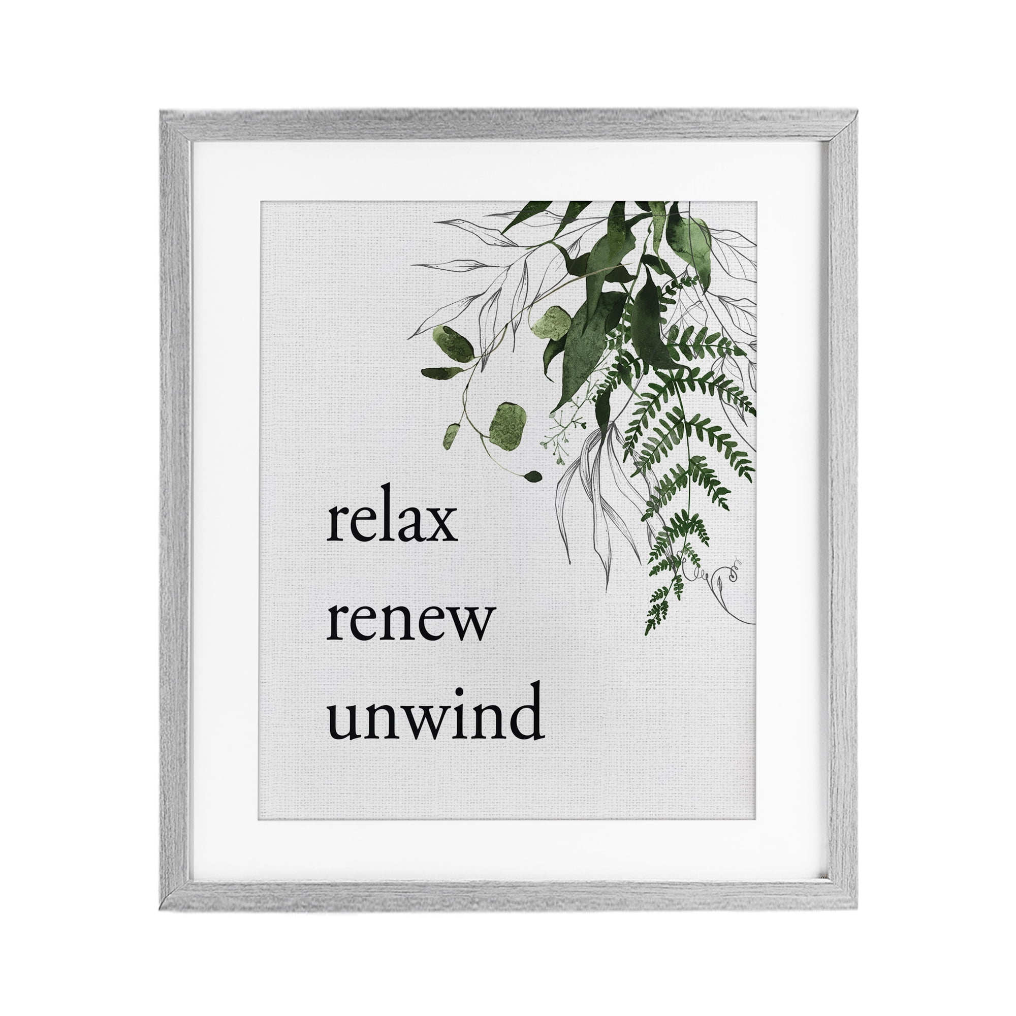 Relax Renew Unwind with Foliage Gray Framed Print Under Glass, design by Lettered and Lined