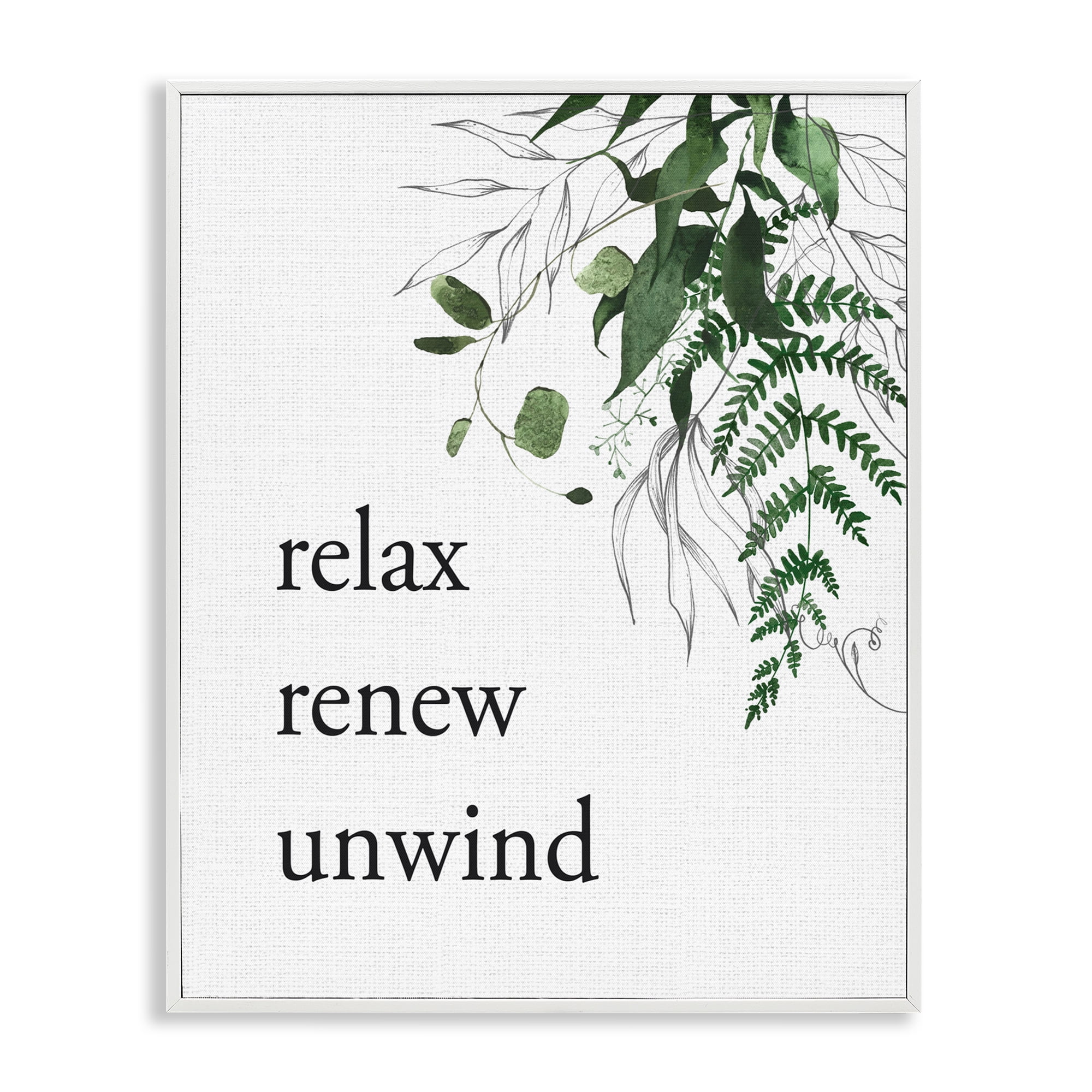 Relax Renew Unwind with Foliage White Framed Giclee Art, design by Lettered and Lined