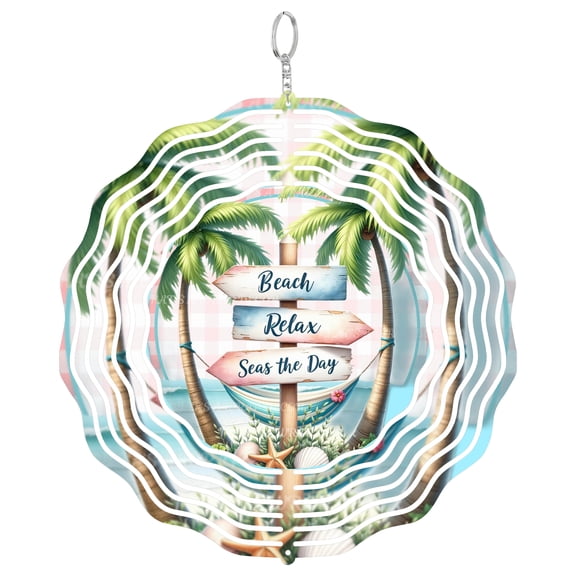 Relax Seaside Beach 3D Wind Spinner, Calming Ocean View Gift, UV Printed Metal Outdoor Decor, Round