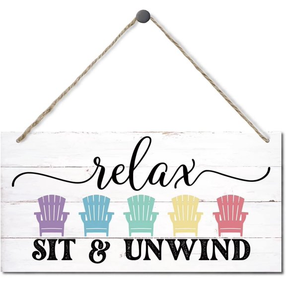 Relax Sit & Unwind Chair Themed Wooden Hanging Sign 12 x 8 Inch, Rustic Home Decor, Living Room Bedroom Lounge Decor
