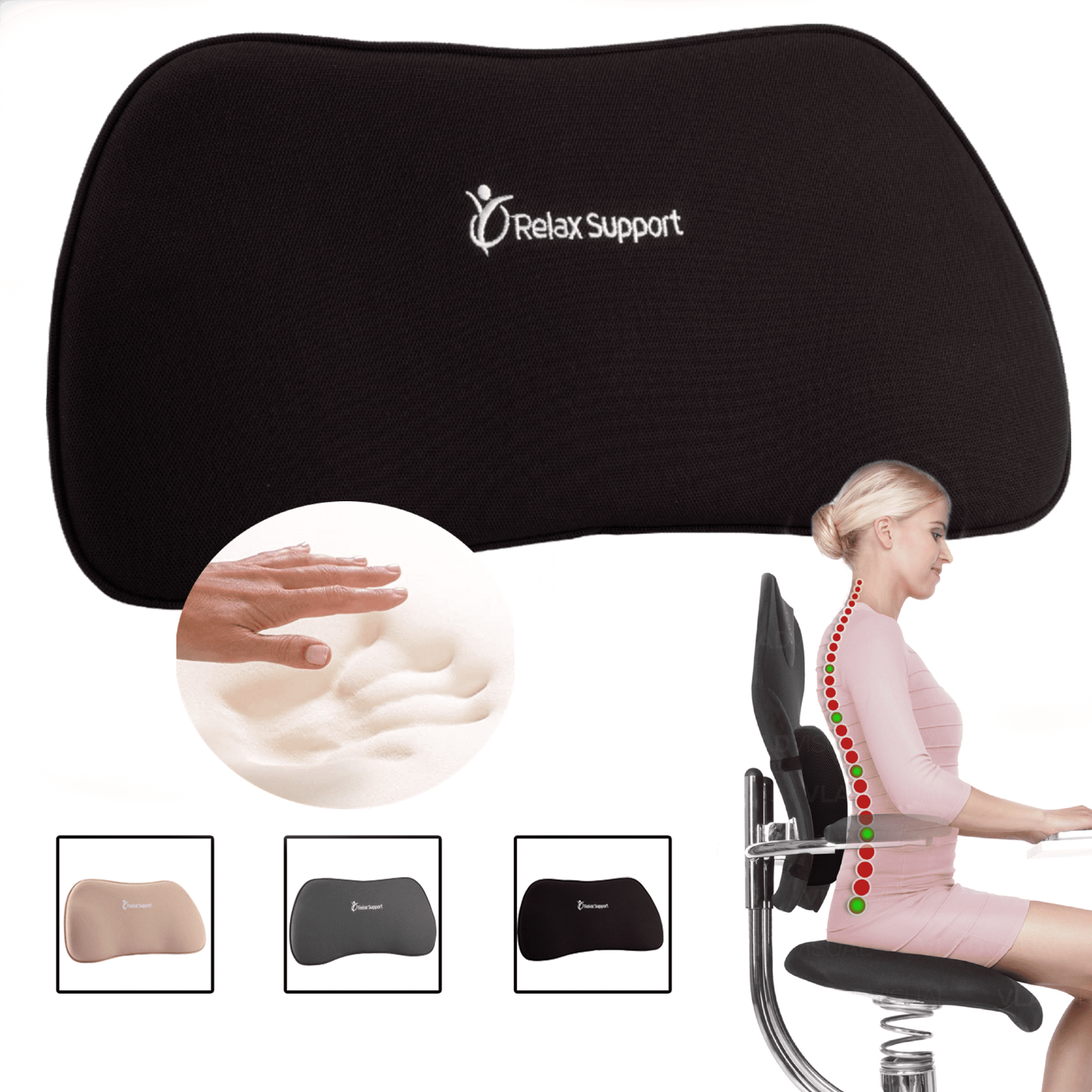 Relax Support RS11-X Lumbar Support Pillow - Medium Firm Memory Foam Office Chair Back Support - Promotes Spinal Alignment & Better Posture - Non-Slip