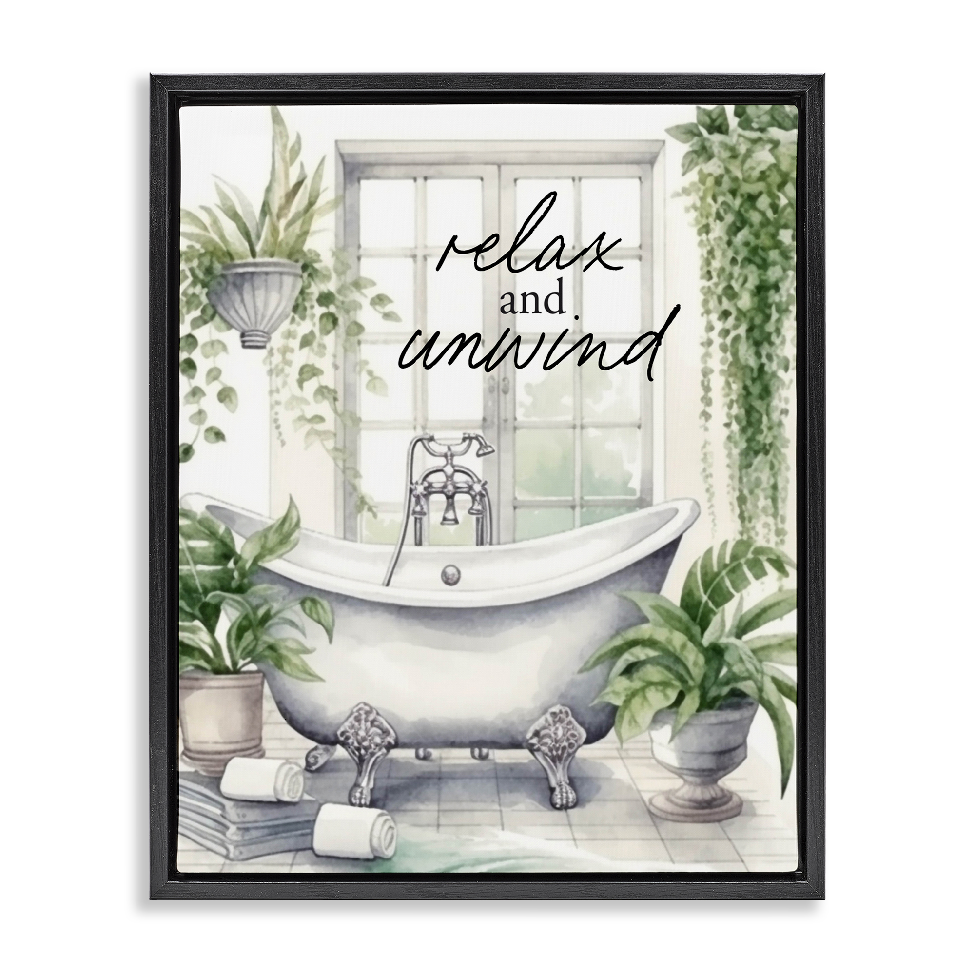 Relax Unwind Bath & Foliage Black Framed Floater Canvas Wall Art, design by Lettered and Lined