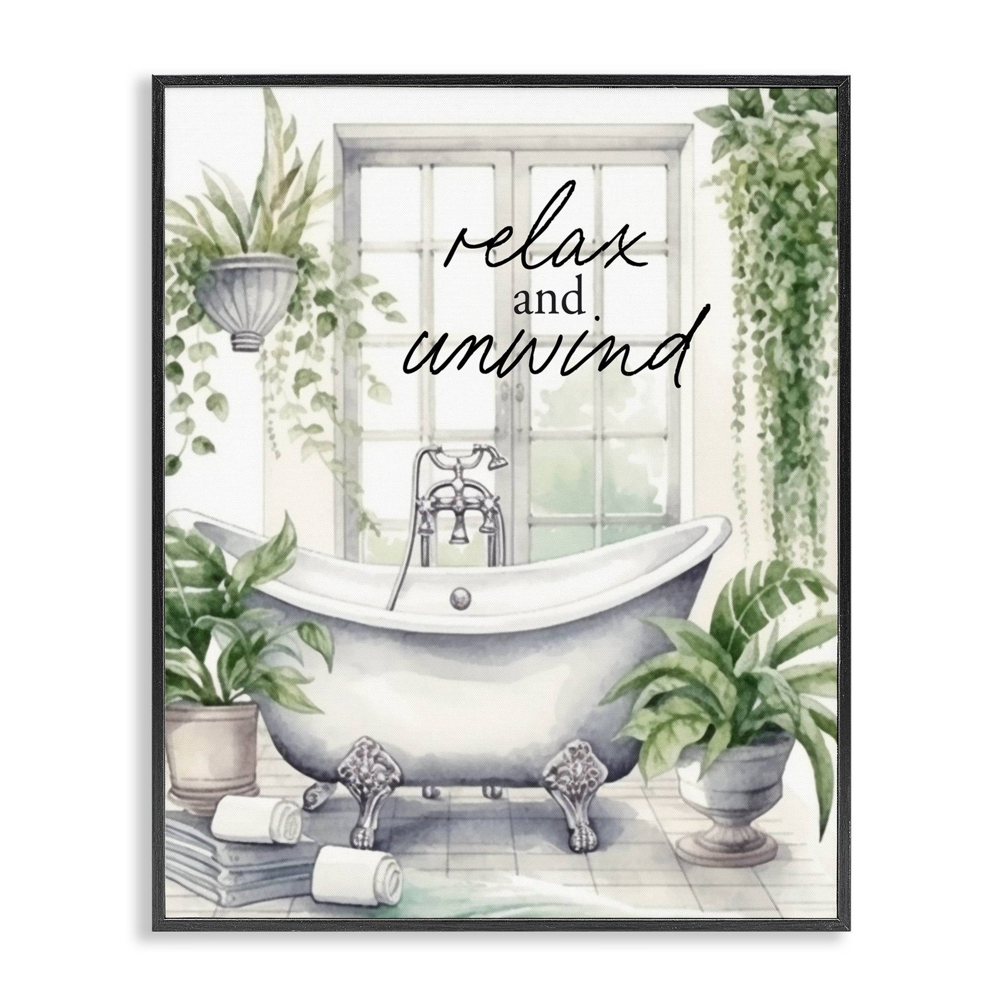 Relax Unwind Bath & Foliage Black Framed Giclee Art, design by Lettered and Lined