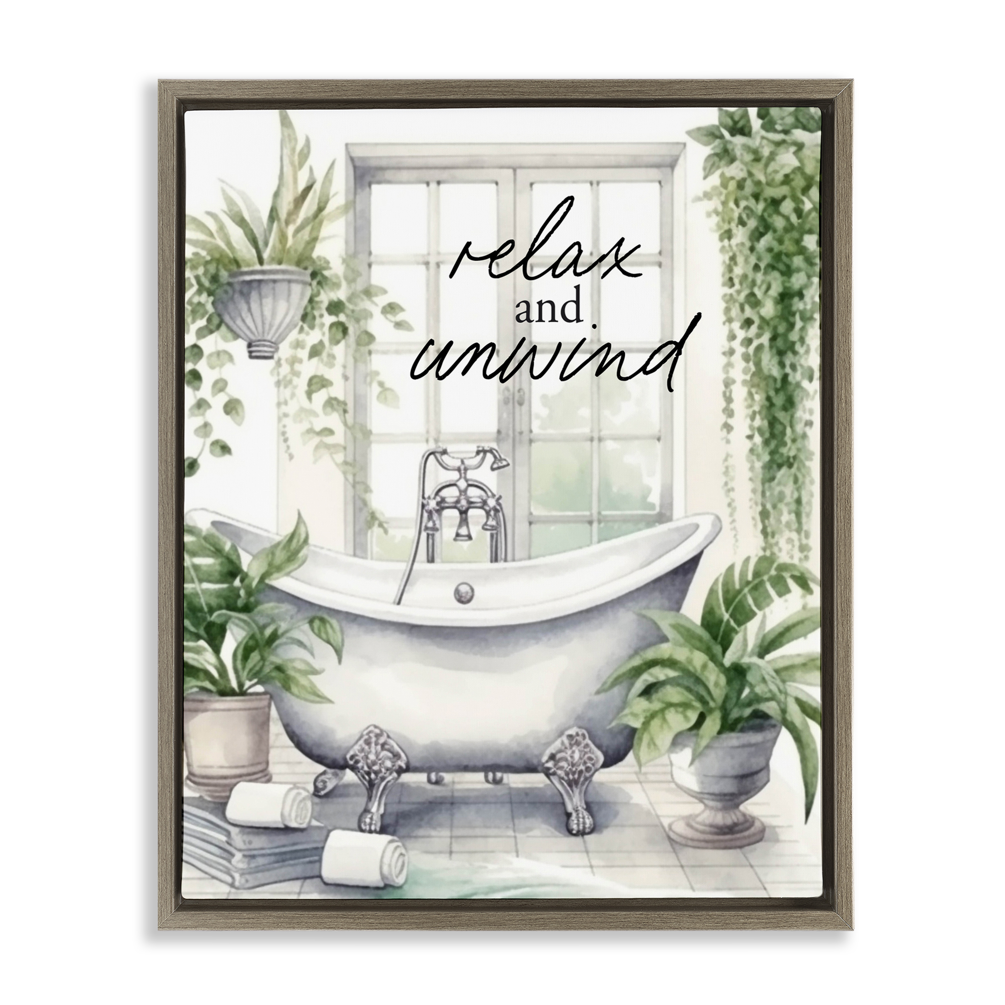 Relax Unwind Bath & Foliage Brown Framed Floater Canvas Wall Art, design by Lettered and Lined