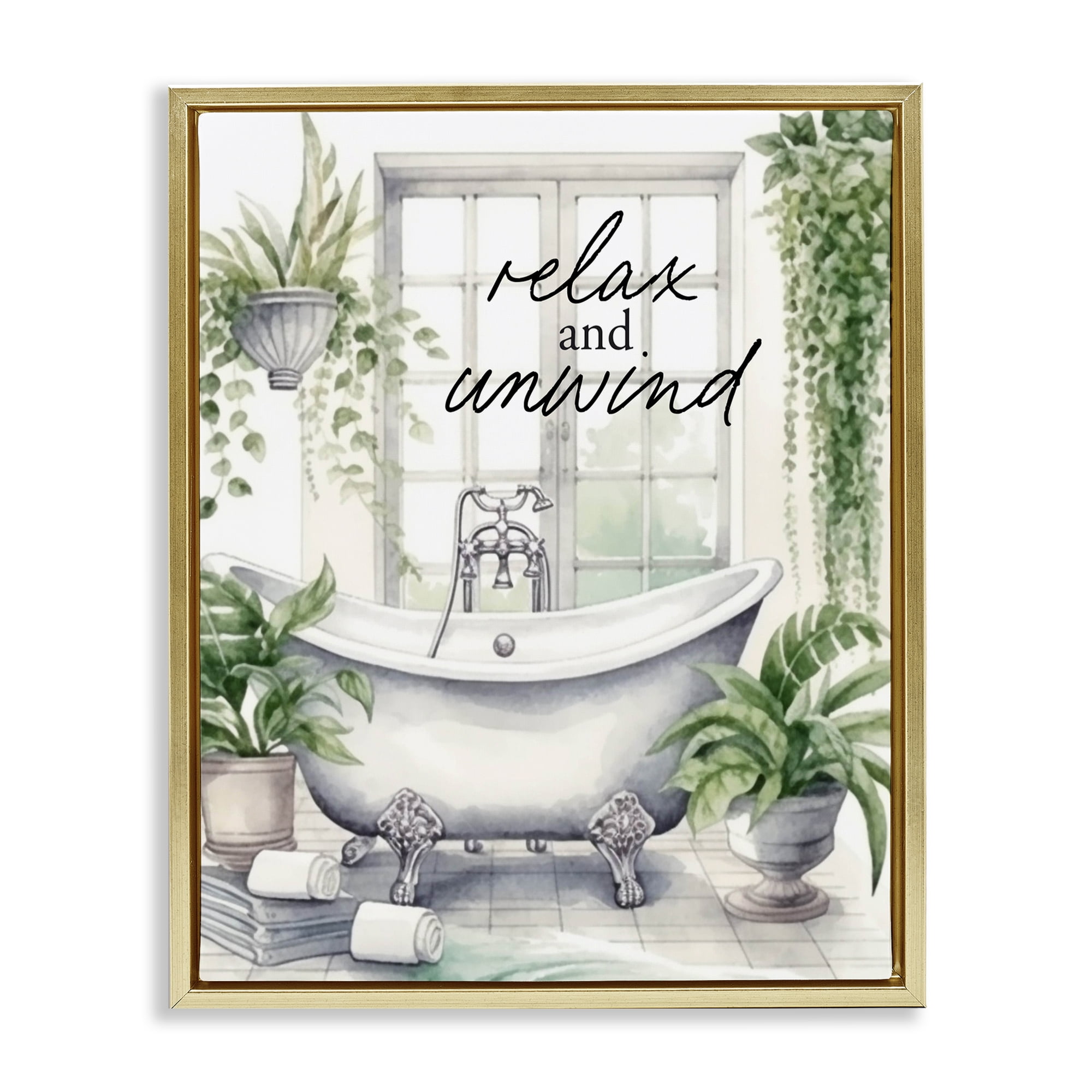 Relax Unwind Bath & Foliage Gold Framed Floater Canvas Wall Art, design by Lettered and Lined