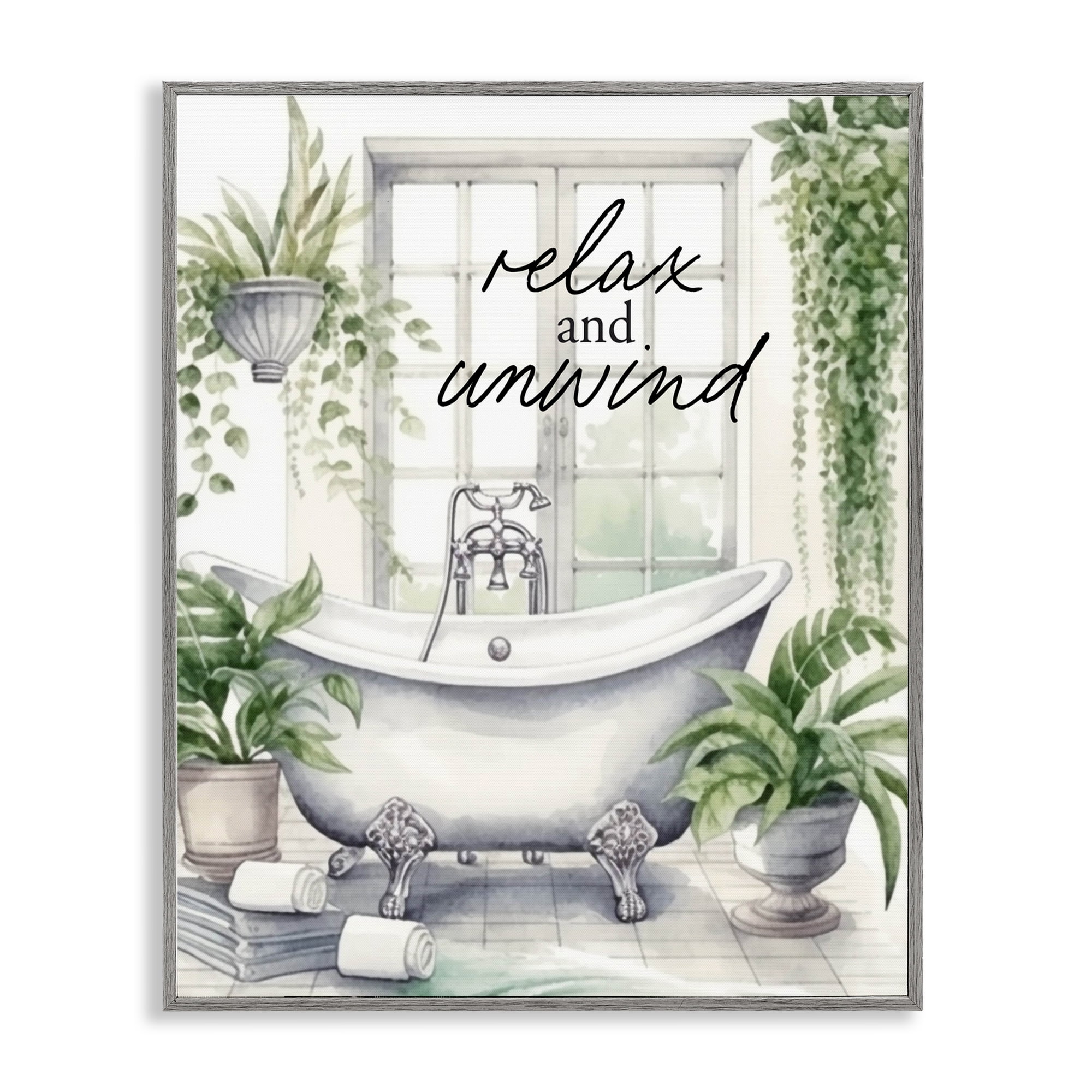 Relax Unwind Bath & Foliage Gray Framed Giclee Art, design by Lettered and Lined