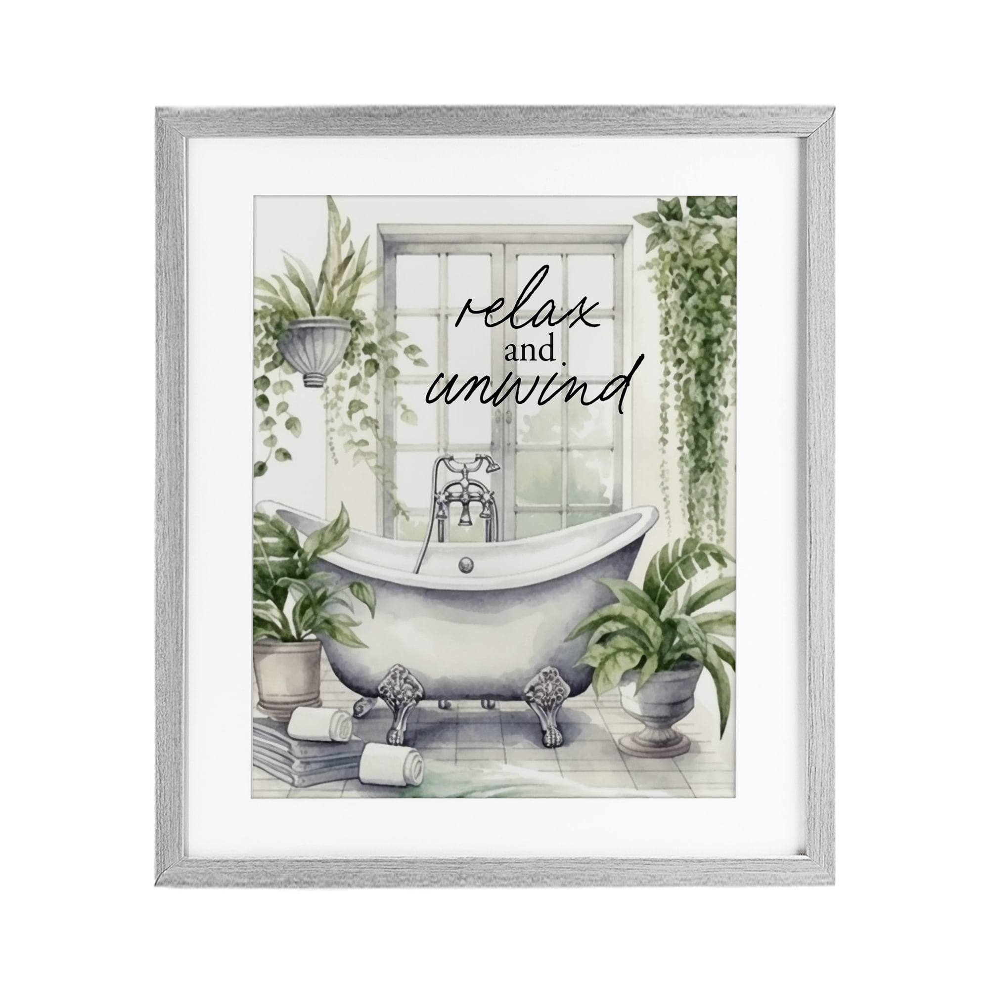Relax Unwind Bath & Foliage Gray Framed Print Under Glass, design by Lettered and Lined