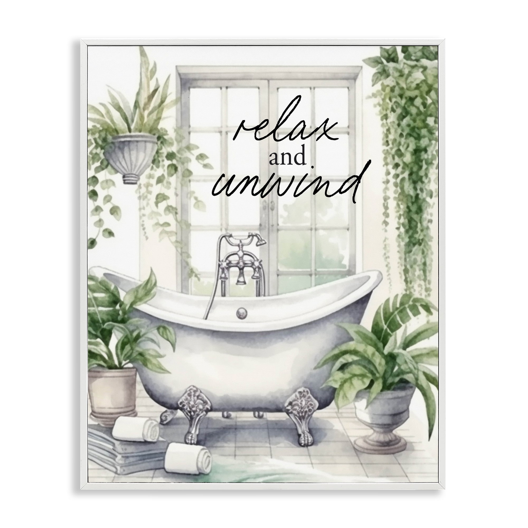 Relax Unwind Bath & Foliage White Framed Giclee Art, design by Lettered and Lined