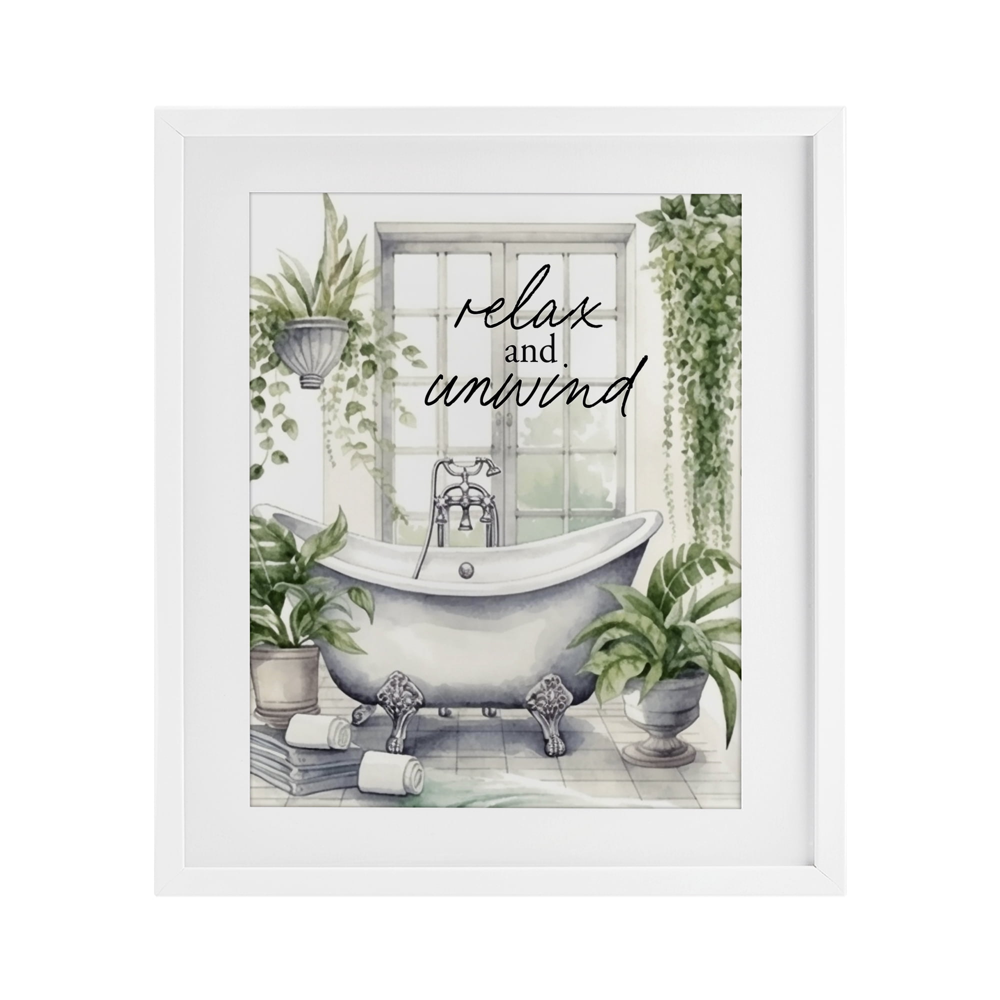Relax Unwind Bath & Foliage White Framed Print Under Glass, design by Lettered and Lined