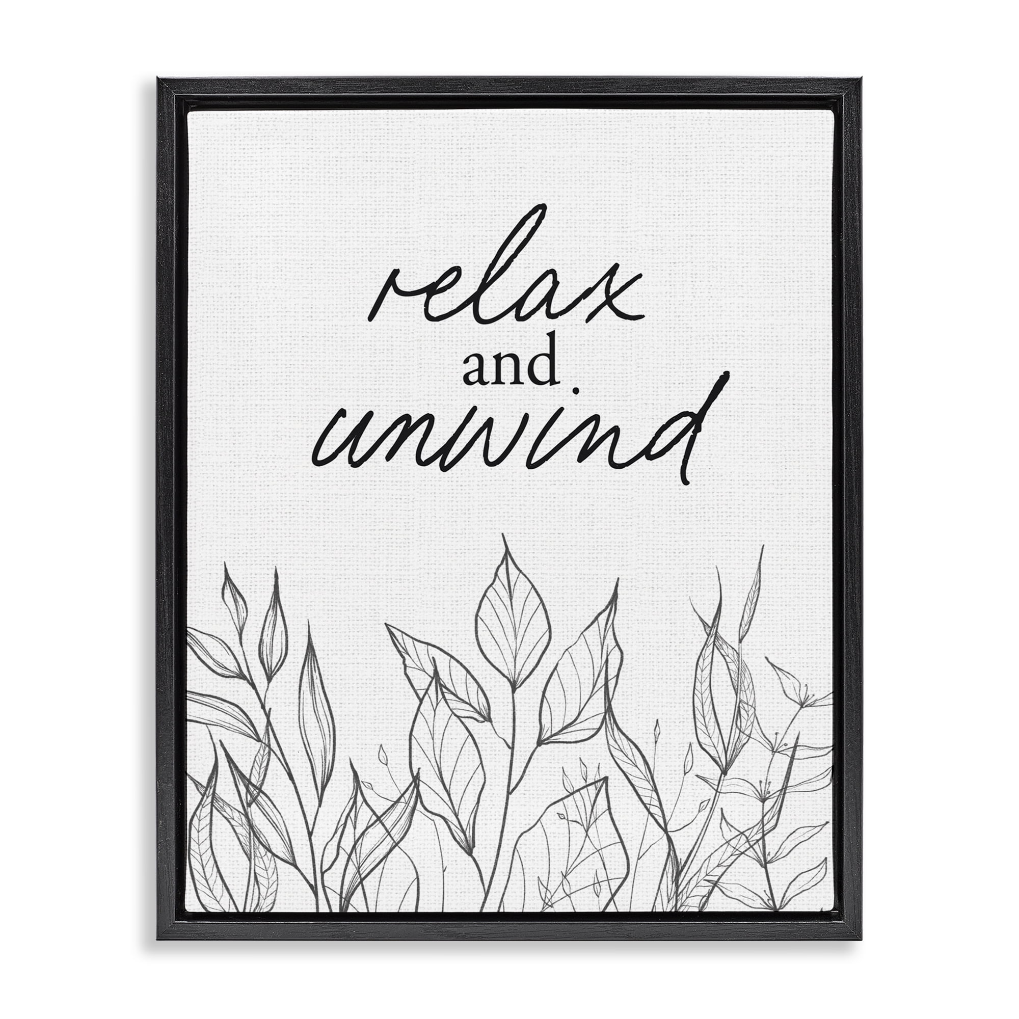 Relax Unwind Minimalist Leaves Black Framed Floater Canvas Wall Art, design by Lettered and Lined