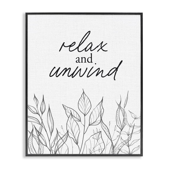Stupell Industries Contemporary Relax Unwind Minimalist Leaves Black Framed Giclee Art, 11 x 14, by Lettered and Lined