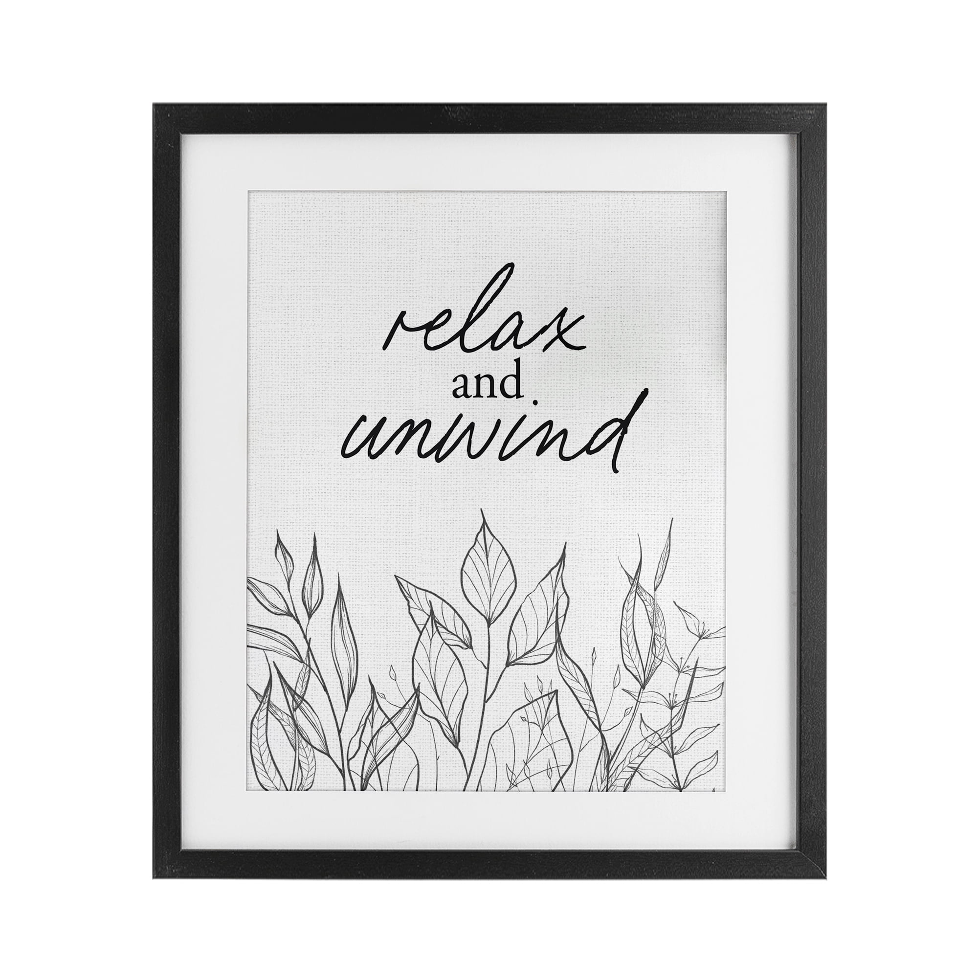Relax Unwind Minimalist Leaves Black Framed Print Under Glass, design by Lettered and Lined