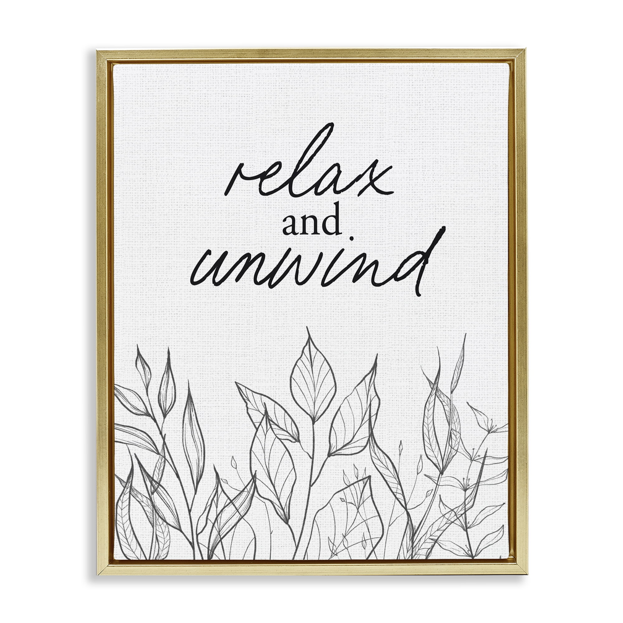 Relax Unwind Minimalist Leaves Gold Framed Floater Canvas Wall Art, design by Lettered and Lined