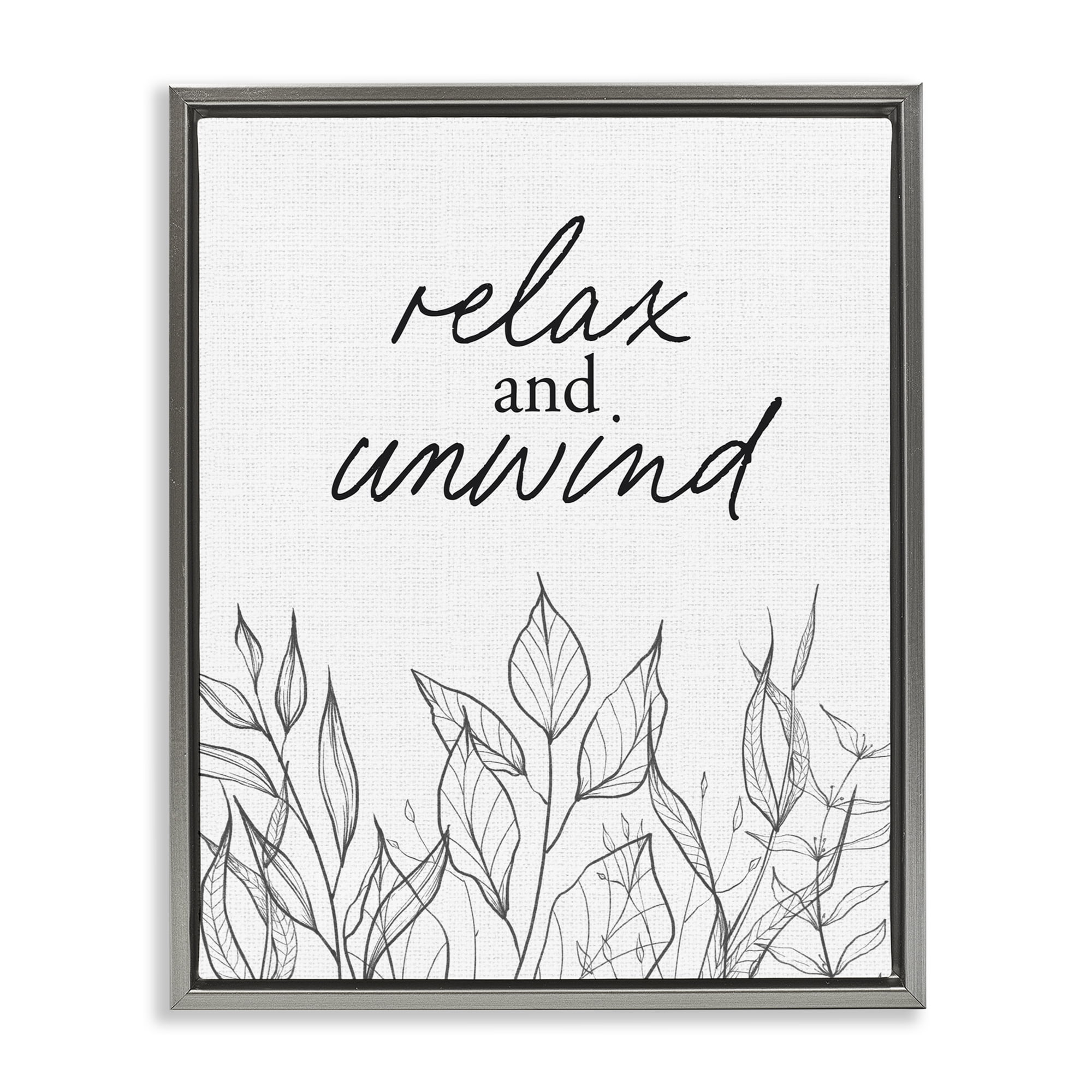Relax Unwind Minimalist Leaves Gray Framed Floater Canvas Wall Art, design by Lettered and Lined