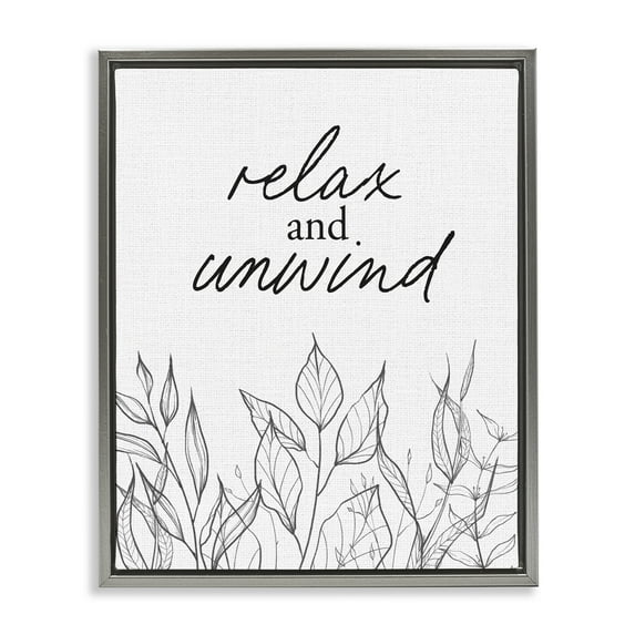 Relax Unwind Minimalist Leaves Gray Framed Floater Canvas Wall Art, design by Lettered and Lined