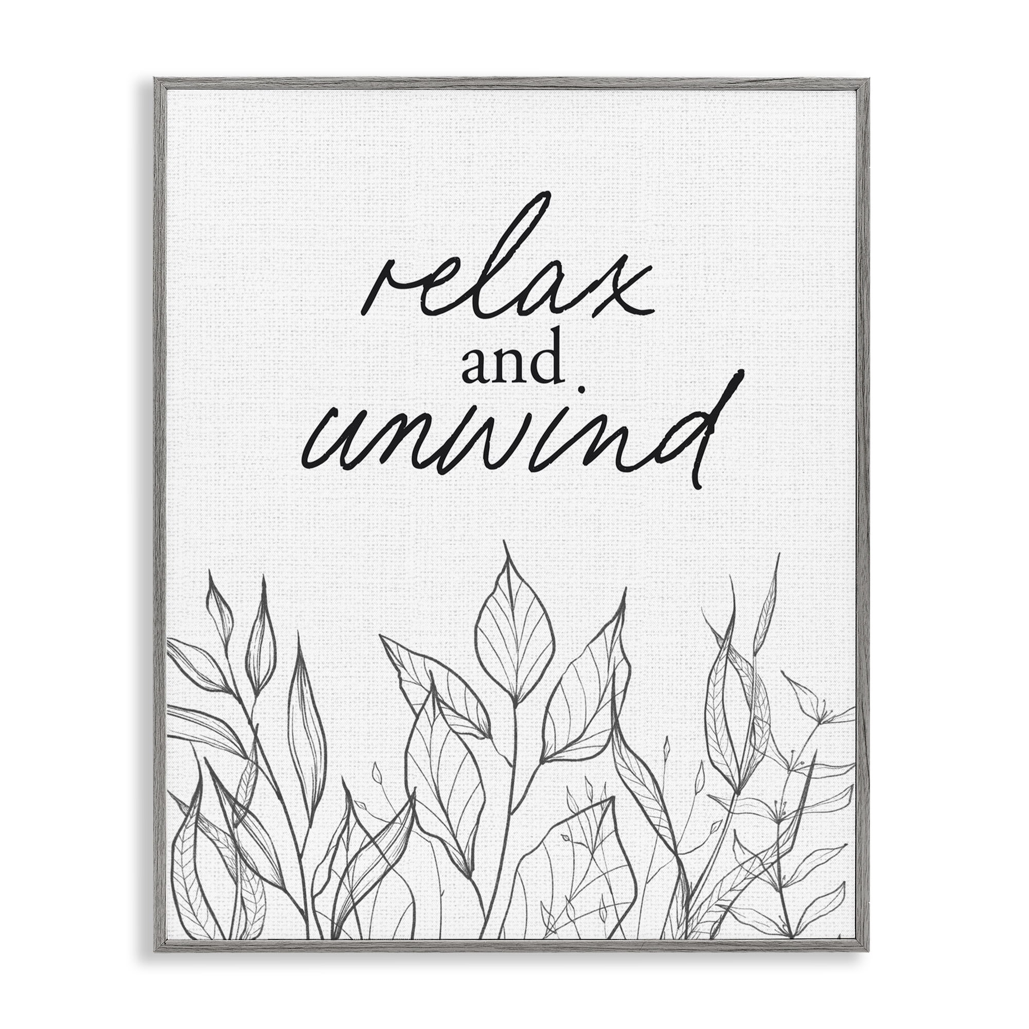 Relax Unwind Minimalist Leaves Gray Framed Giclee Art, design by Lettered and Lined